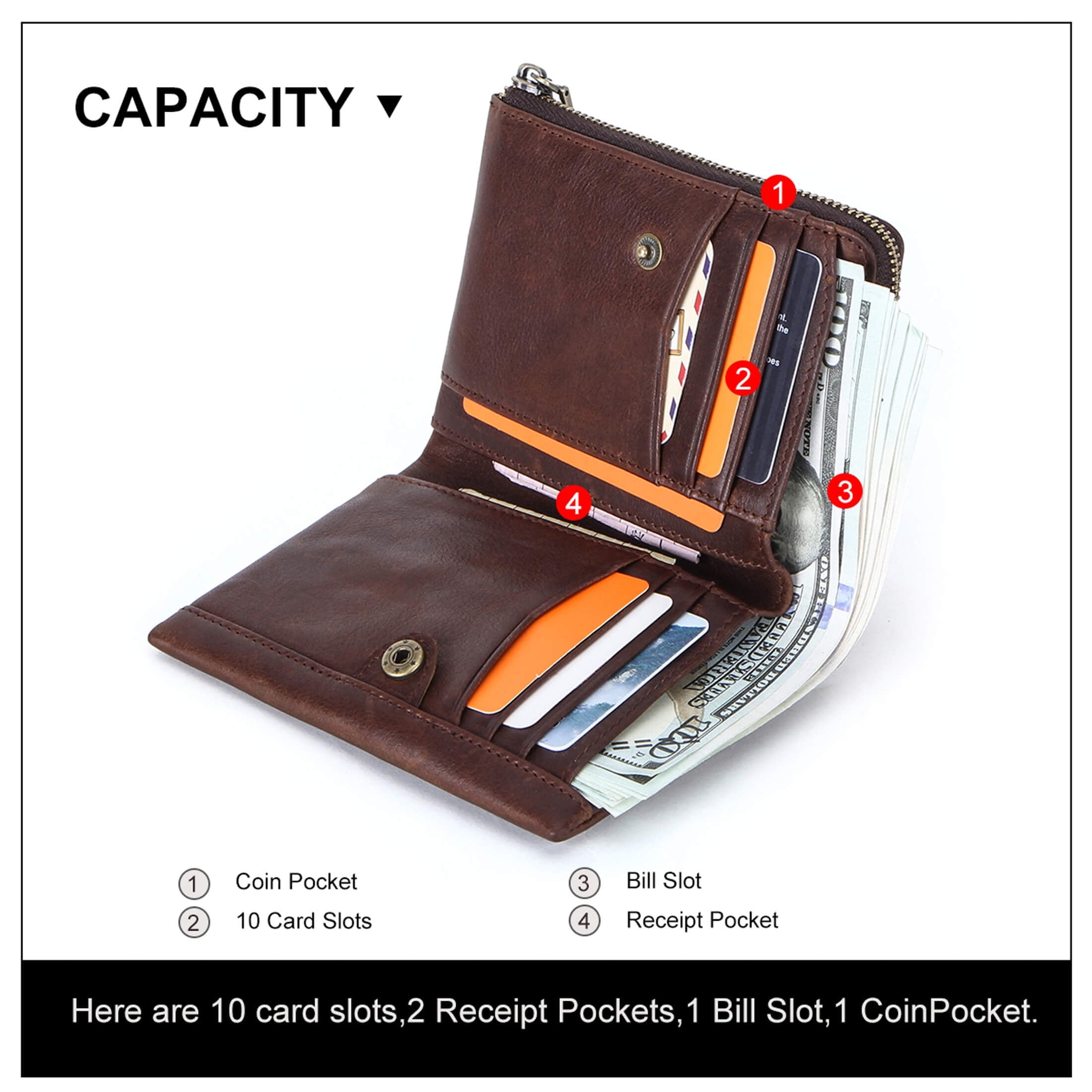 Men's RFID Blocking Billfold Wallet, Genuine Leather Vintage Wallet with Zipper Coin Pocket, Valentine Gift,Coffee - Image 6