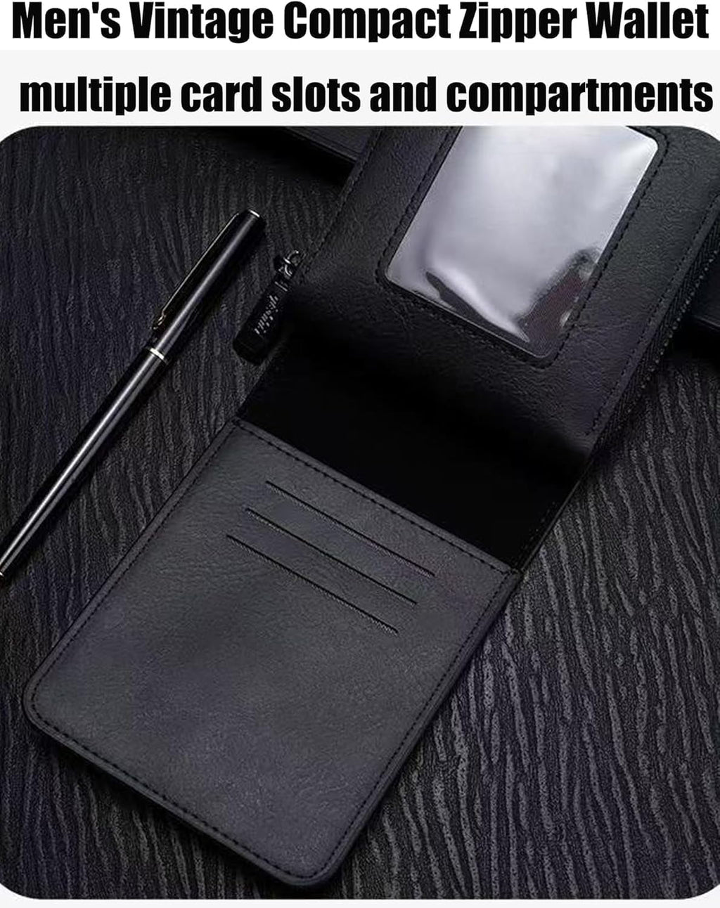 Men's Vintage Compact Zipper Wallet, Slim Leather Slots Credit Card Holder Rfid Blocking Bifold Minimalist Wallet (Black) - Image 2