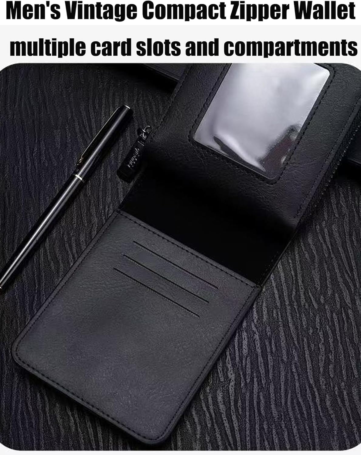 Men's Vintage Compact Zipper Wallet, Slim Leather Slots Credit Card Holder Rfid Blocking Bifold Minimalist Wallet (Black) - Image 2