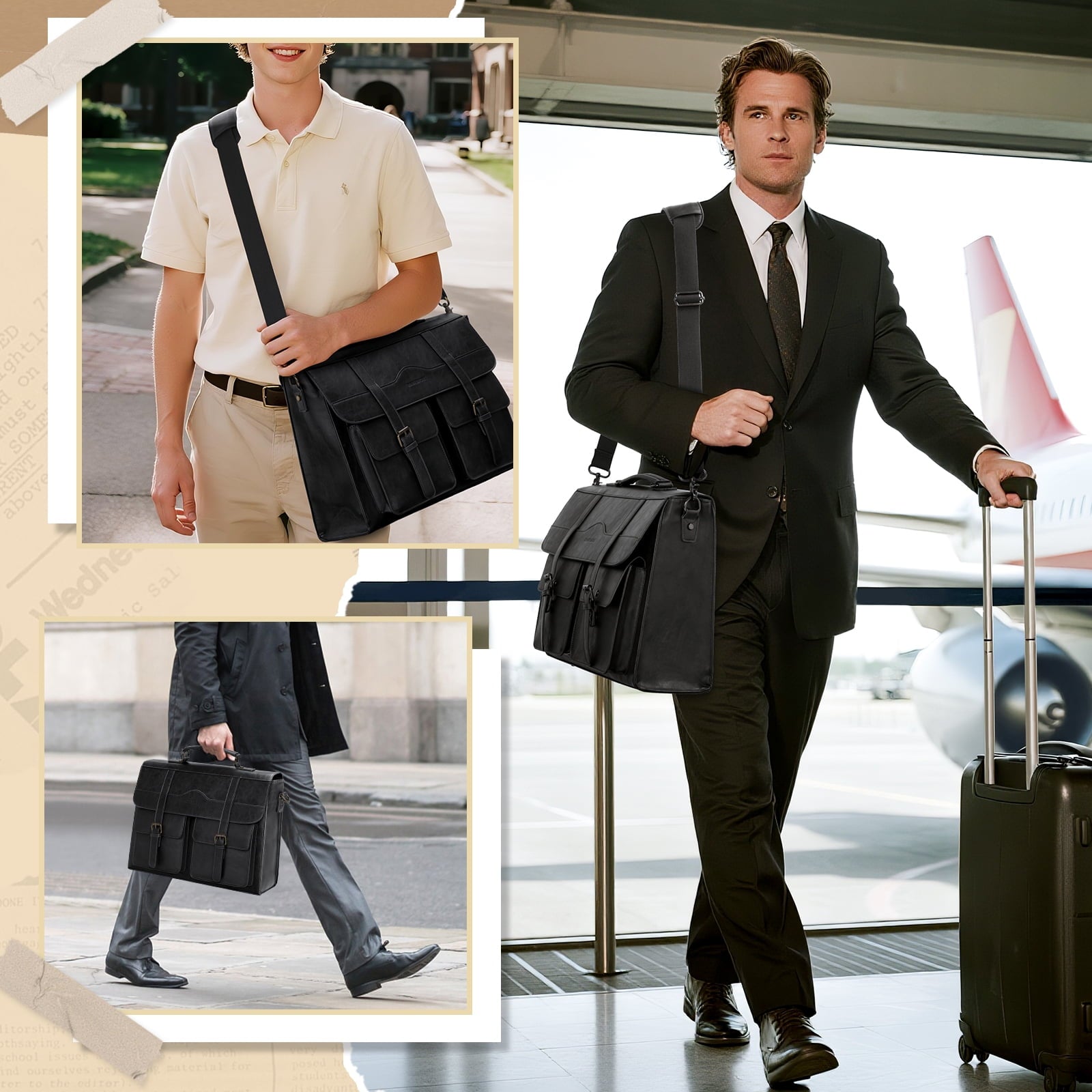 17 Inch Vintage Leather Laptop Magnetic Closure Large Satchel Computer Briefcase Shoulder ,Black - Image 3