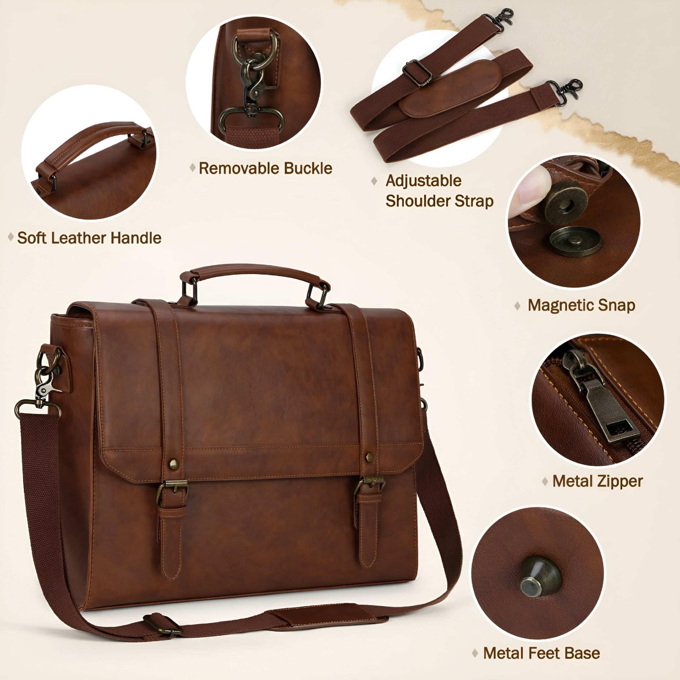 Messenger Bag for Men 15.6 Inch Laptop Briefcase Vintage Leather Waterproof Large Computer Satchel Bag Retro Shoulder... - Image 3