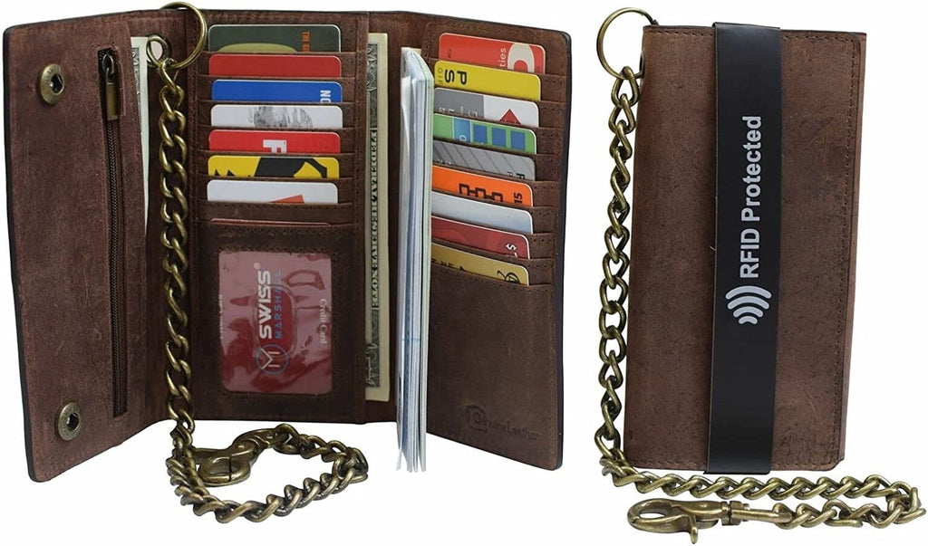 USA Motorcycle Chain Wallet for Men 100% Natural Genuine Leather, Long Trifold RFID Blocking, Credit Card Money Organ... - Image 2
