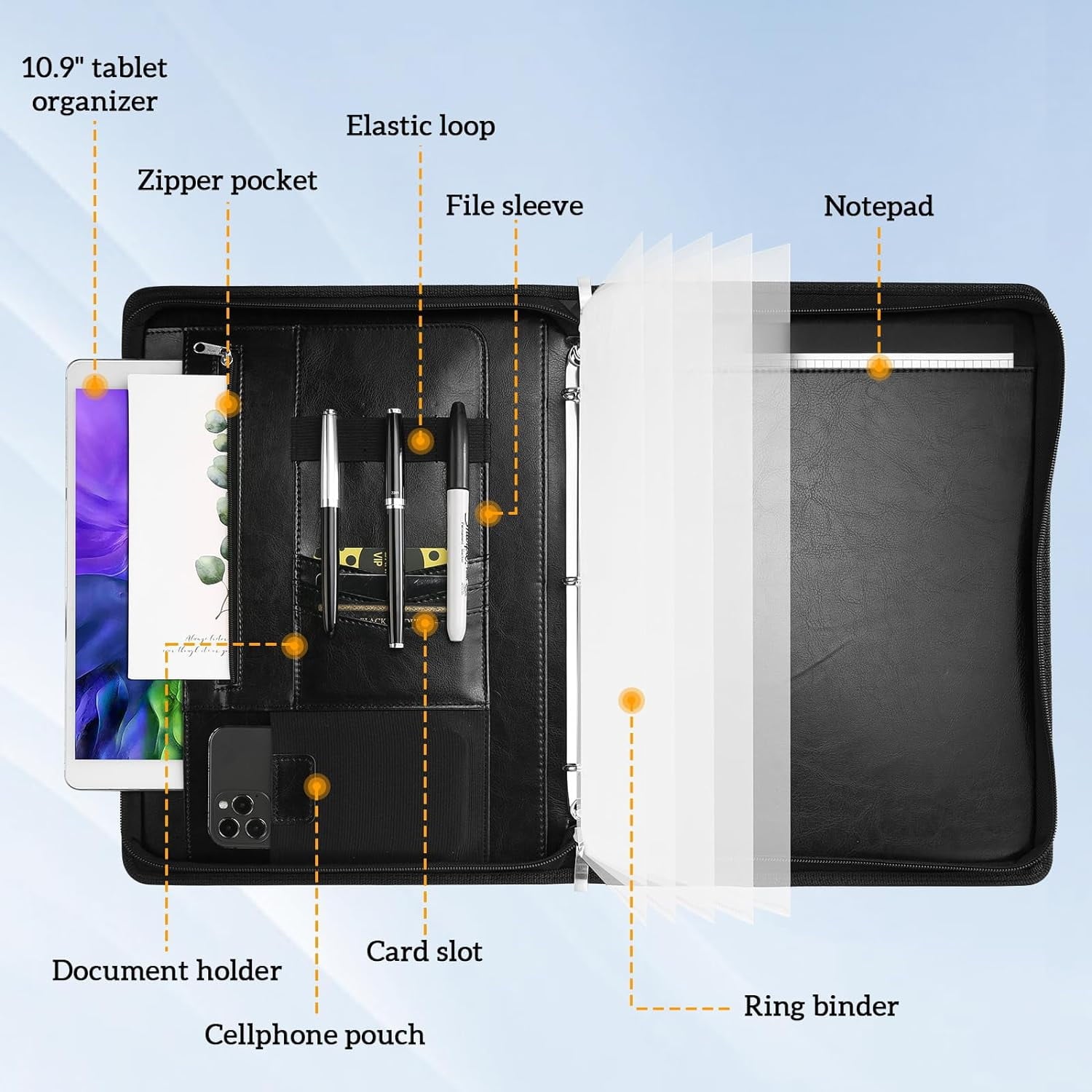 Portfolio 3-Ring Padfolio Folder Organizer, PU Leather Business Planner A4 Notepad Zipper File Binder Clipboard Remov... - Image 2