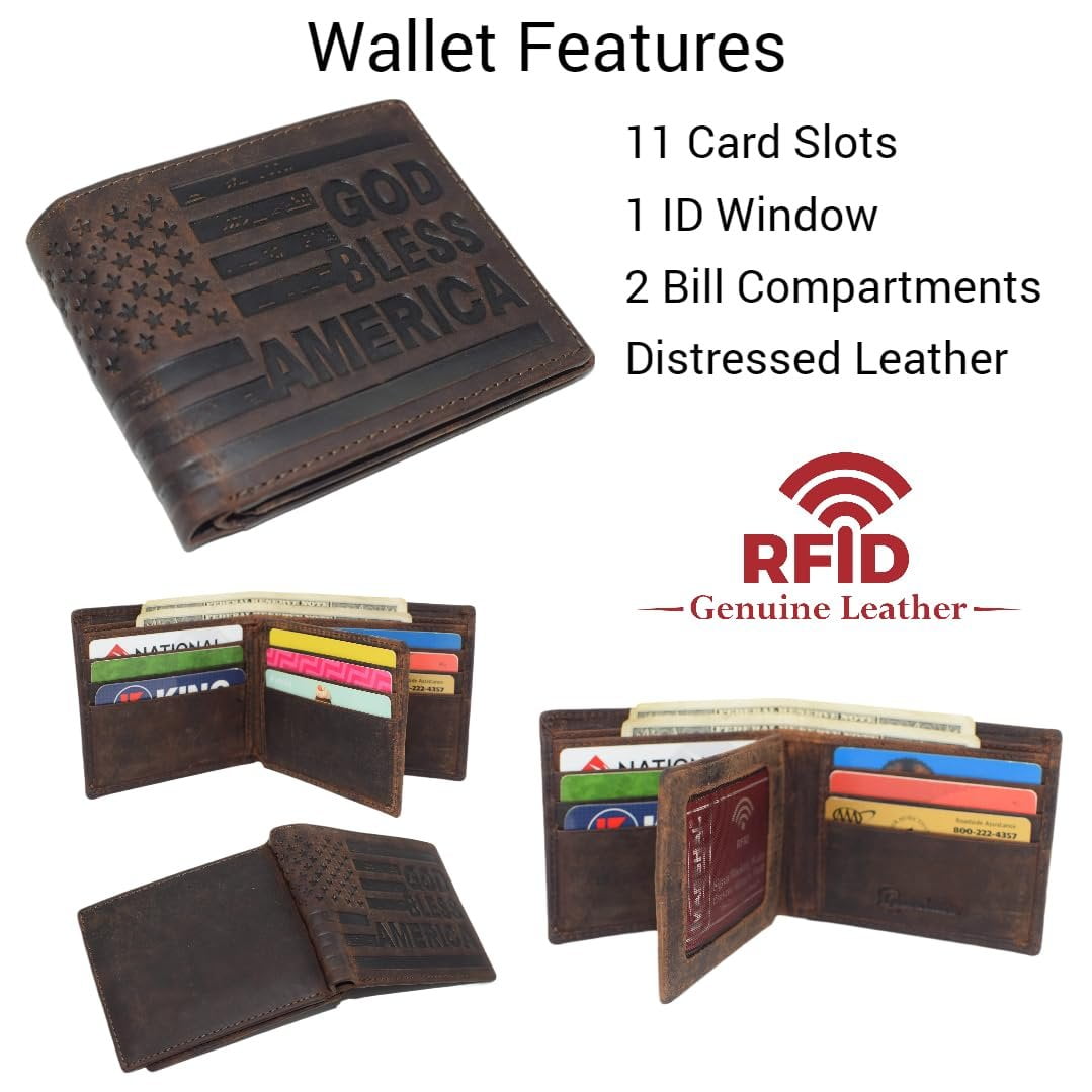 Distressed Vintage Leather Patriot American Flag Wallet -GOD BLESS AMERICA RFID Blocking Leather US Flag Men's Bifold... - Image 2