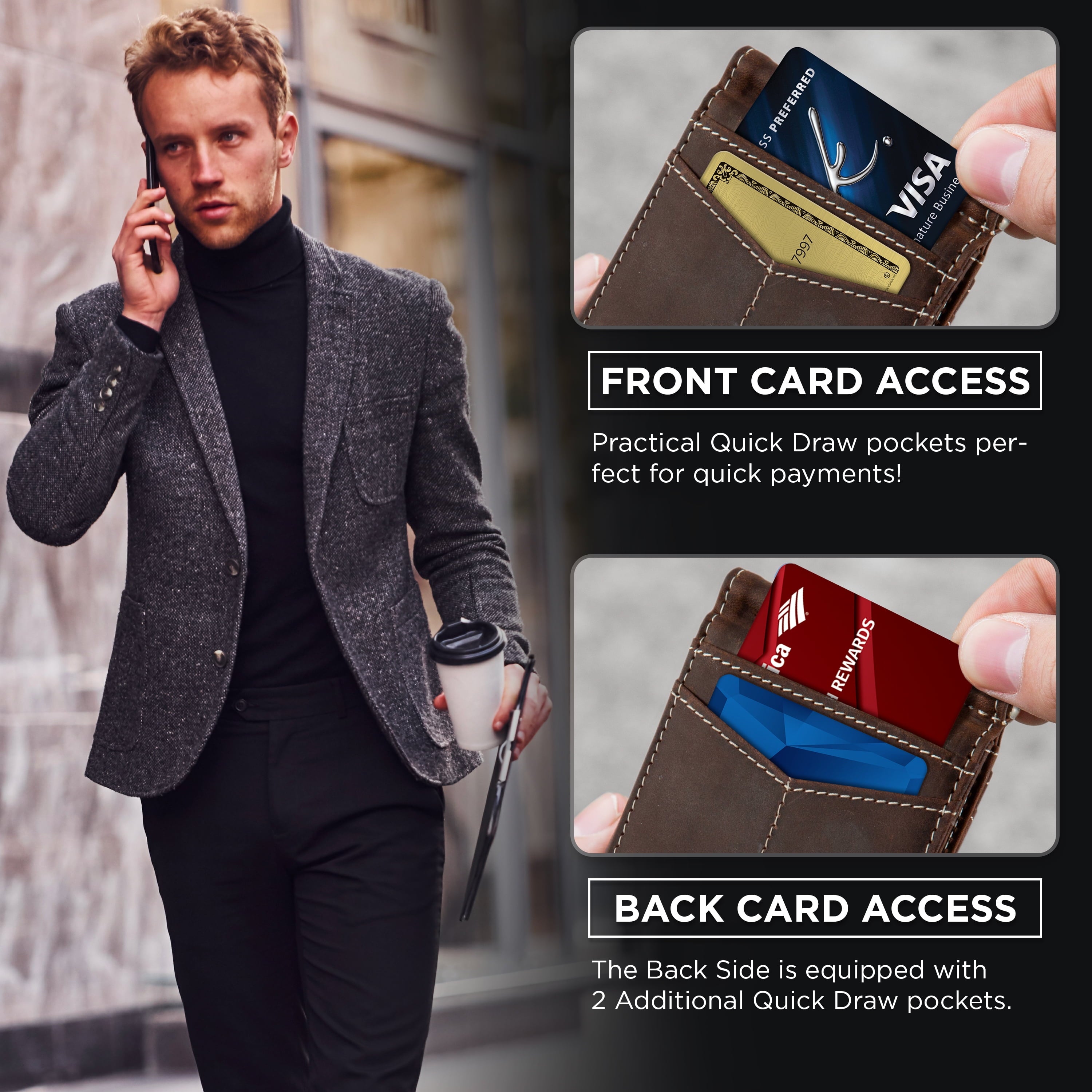 Slim Wallets for Men | Money Clip | RFID Blocking with Front Pocket | Men Bifold | Leather Wallet | Texas Brown - Image 3