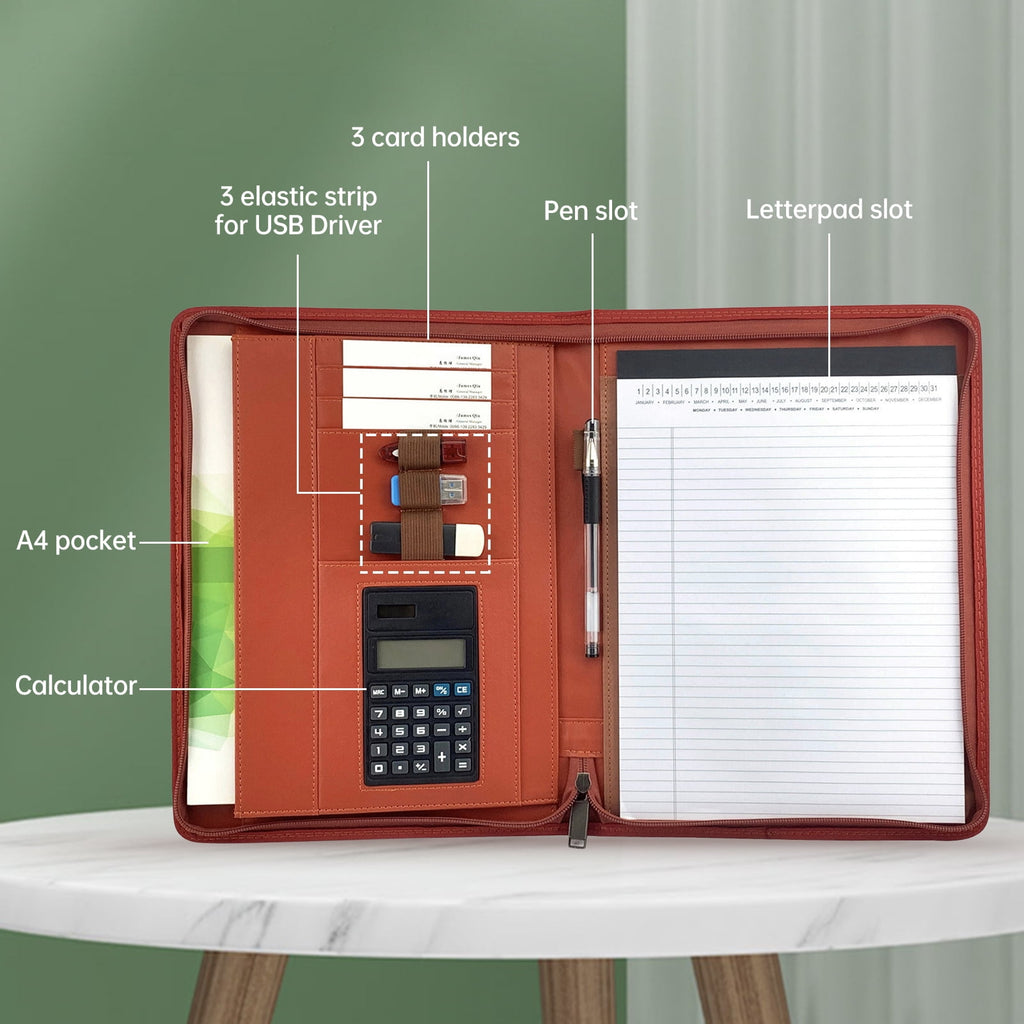 Brown Zippered Padfolio Tomshoo A4 PU Leather Portfolio Organizer with Calculator and Tablet Sleeve Holder - Image 2
