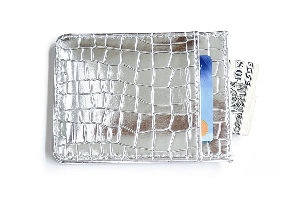 credit card holder slim design wallet in silver metallic faux leather crocodile pattern - Image 6