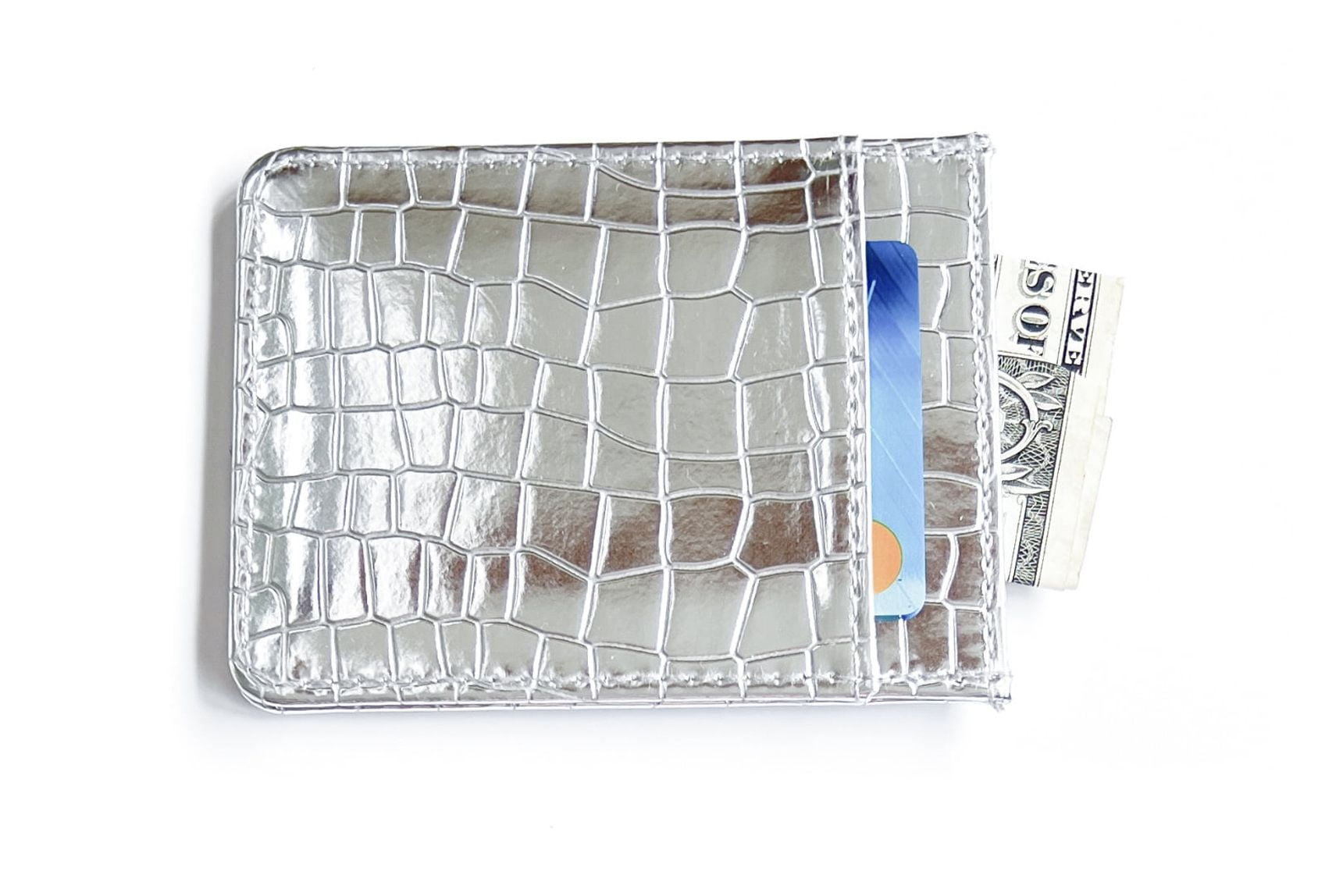 credit card holder slim design wallet in silver metallic faux leather crocodile pattern - Image 6