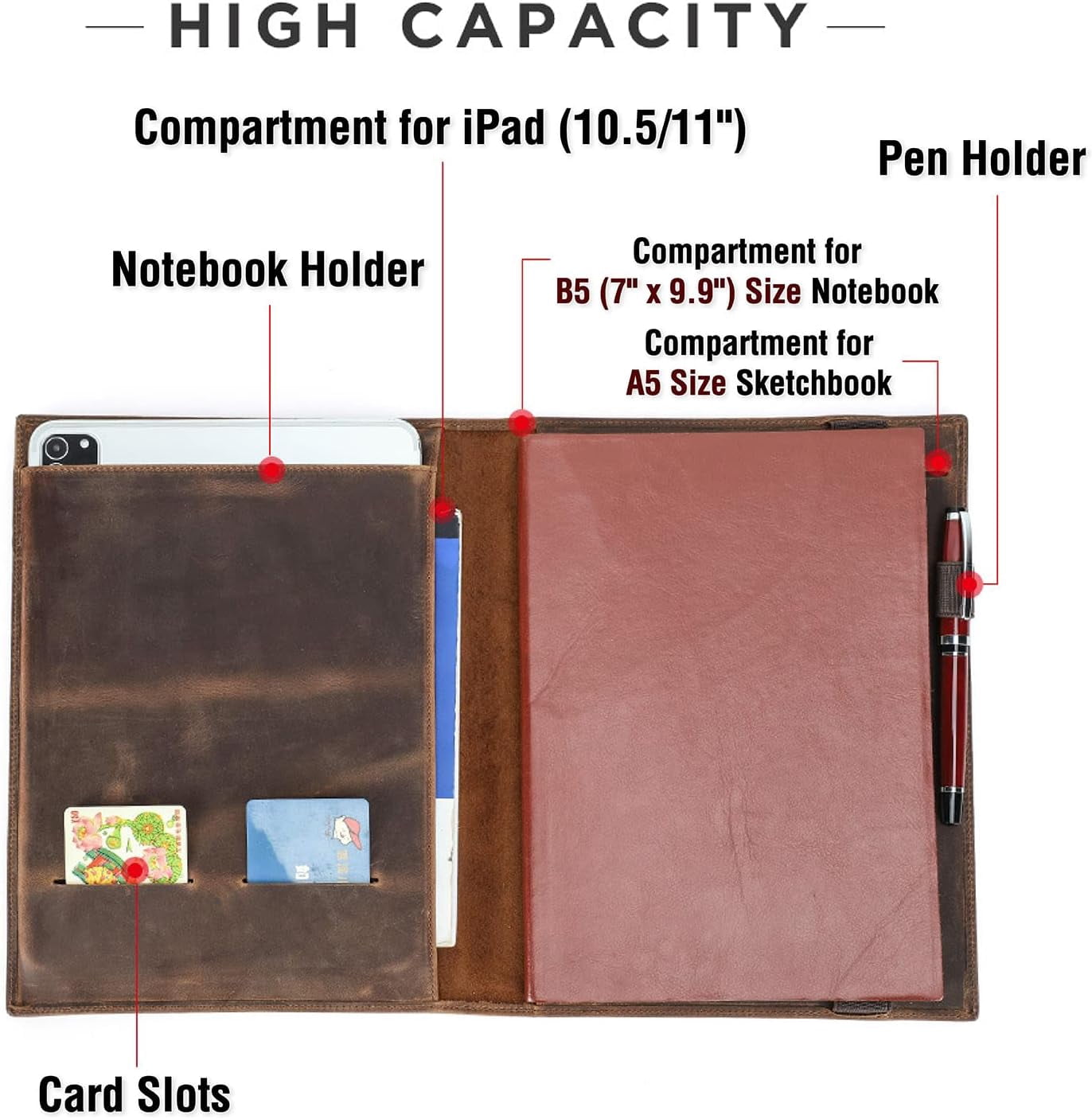 11 Inch Padfolio for Men & Women, Handmade Vintage Portfolio Organizer with Elastic Band - Image 3