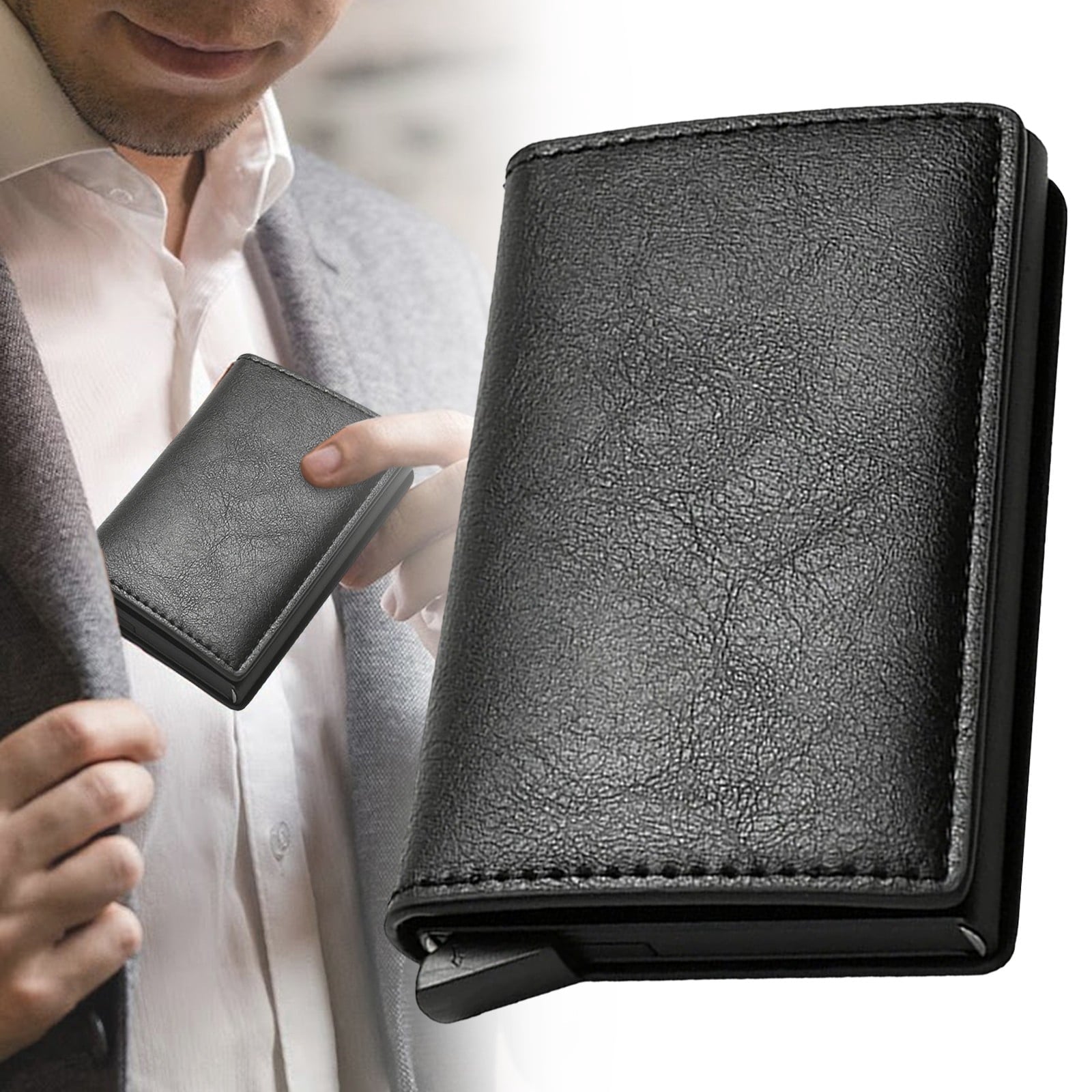 Simple Toggle Wallets for Men,Men's Simple Leather Wallet,Wallet with Smart Metal Pop Up Credit Card Holder,Credit Ca... - Image 2