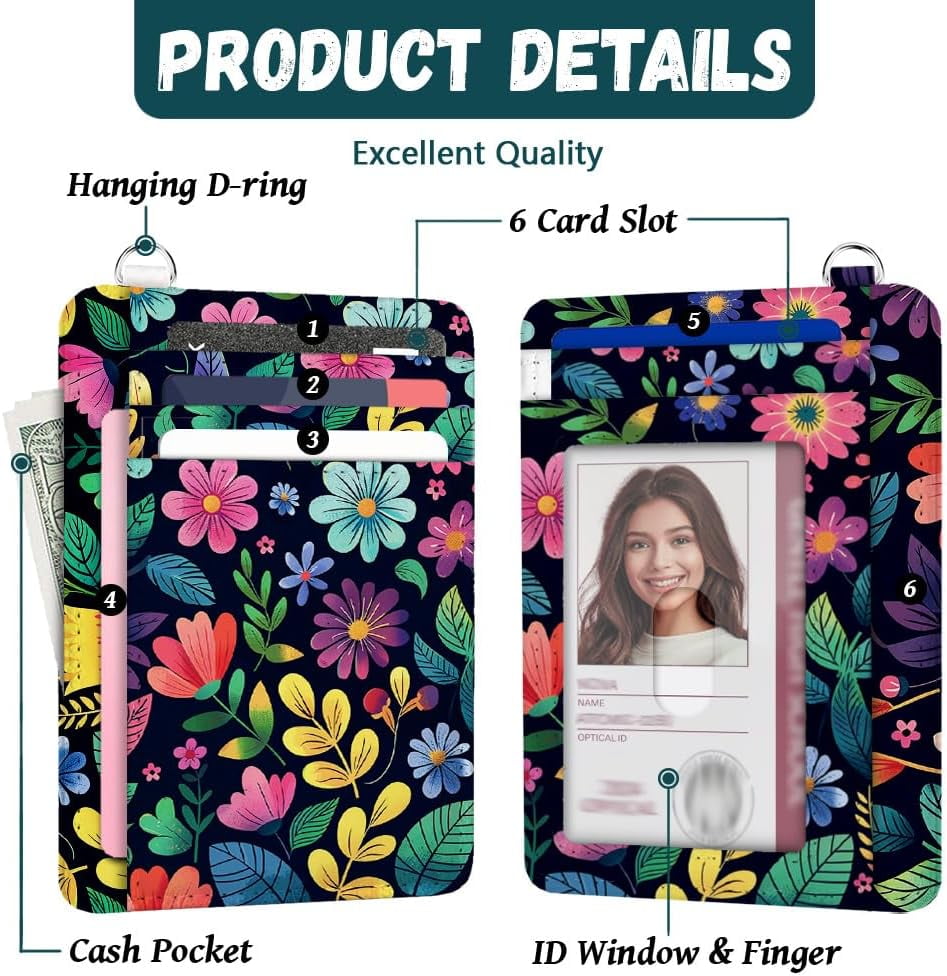 RFID Blocking Credit Card Holder for Women - Flowers and Green Leaves PU Leather Slim Wallet with ID Window 6 Card Sl... - Image 3