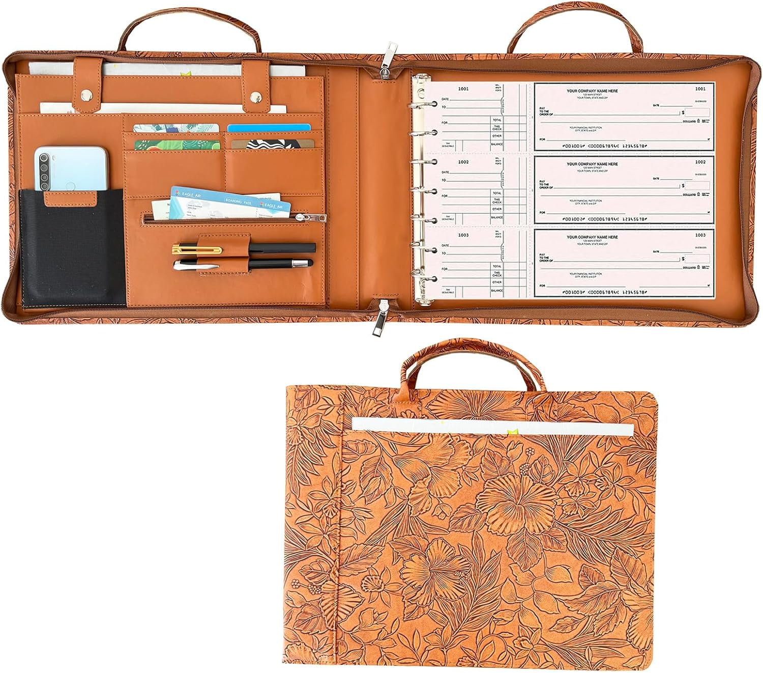 7 Ring Check Binder Vegan Leather Portfolio for 3-Up Business Size Checks, with Handle and Zippered Briefcase with 500 Check Capacity，9 x 13 - Image 4