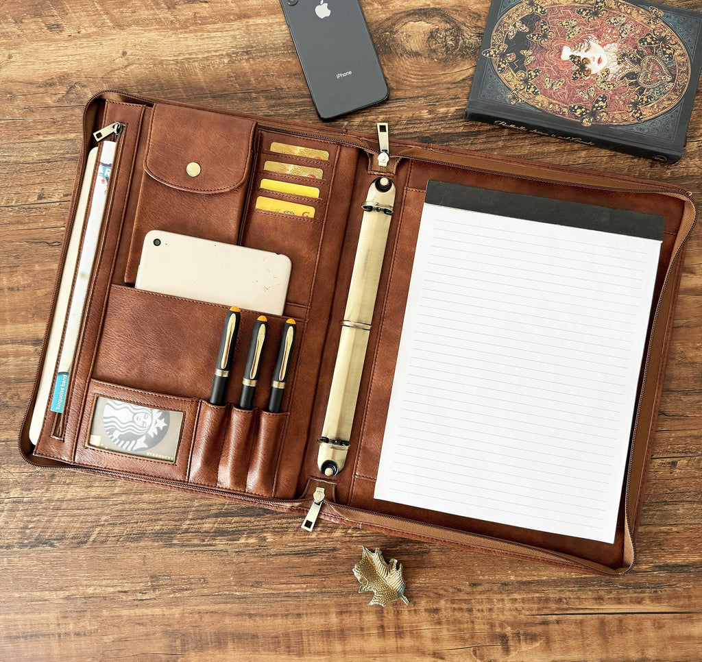 3 Ring Binder Vegan Leather Portfolio, Zippered Portfolio for Men, Letter Size Organizer Folder Padfolio A4 Document ... - Image 2