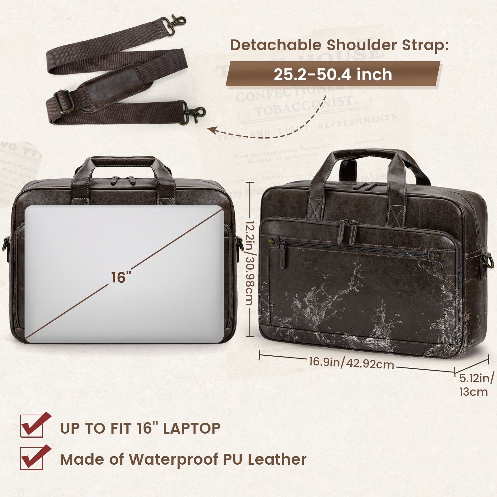 Messenger Bag for Men 16 Inch Laptop Bag Leather Briefcase Vintage Crossbody Shoulder Office Computer Bag Retro College Satchel Bag for Work - Image 4