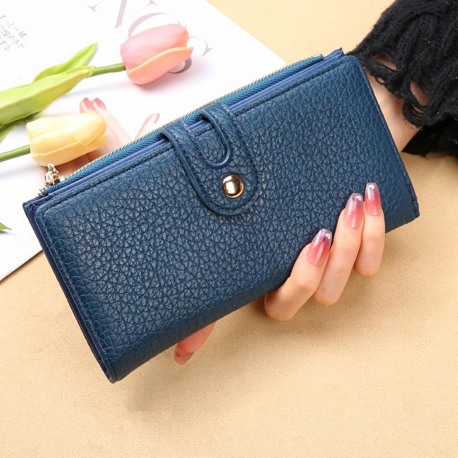 Wallets for Women Slim Leather Credit Card Holder RFID Blocking Bifold Thin Wallet with 4 Clear Windows Zipper Pocket - Image 2