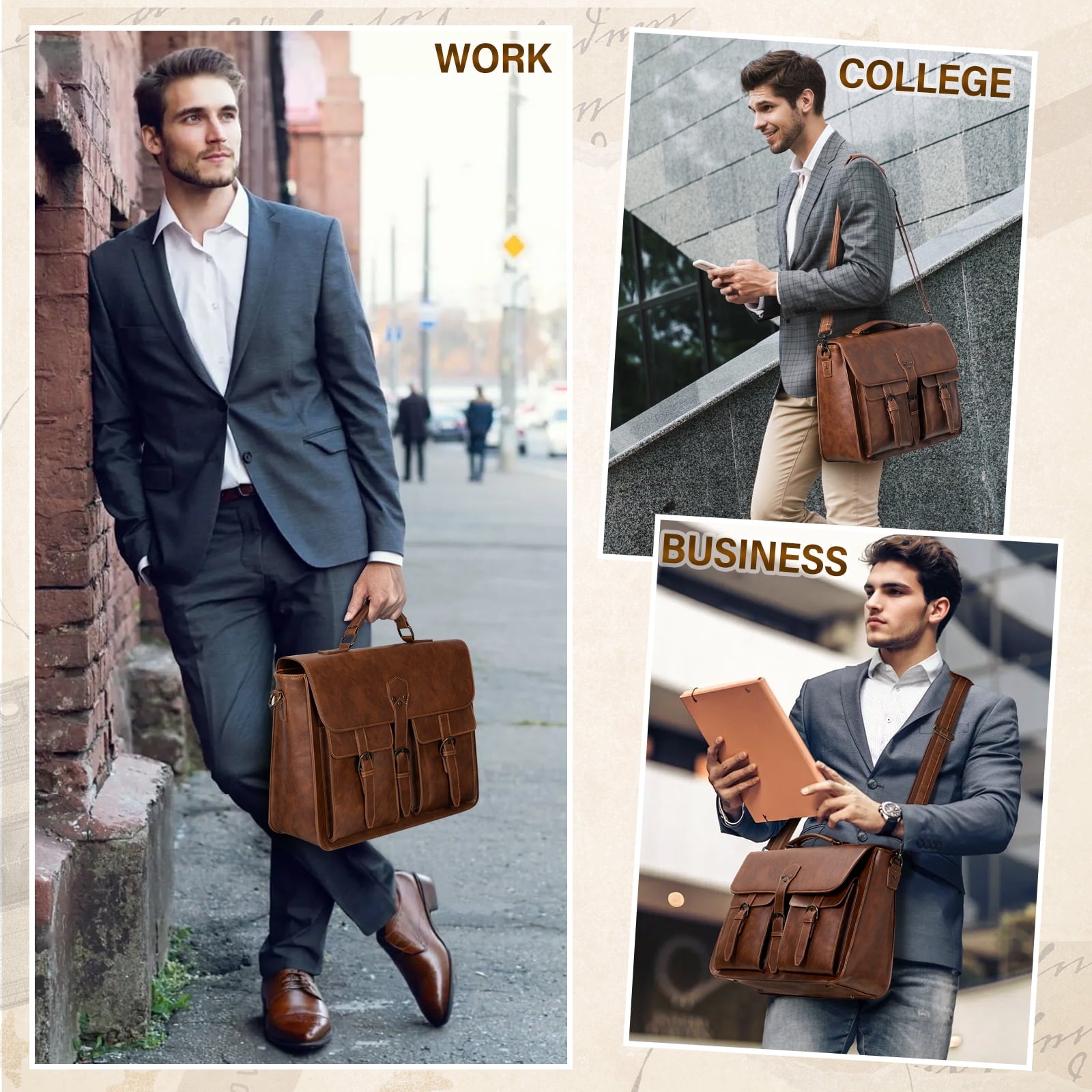 Messenger Bag for Men 15.6 Inch Laptop Bag Leather Briefcase Large Waterproof Satchel Bag Computer Shoulder Bag for Office Work College, Bro - Image 4