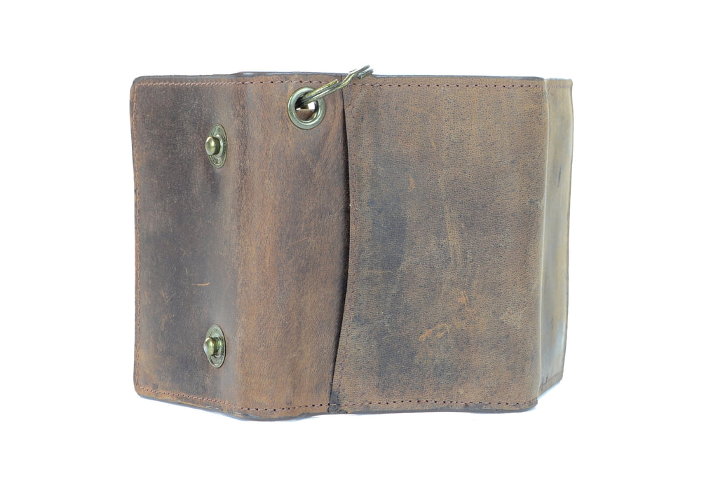 Men's RFID Signal Blocking Tri-Fold Motorcycle Wallet in Brown Distressed Genuine Leather with Antique Brass Color Chain - Image 3