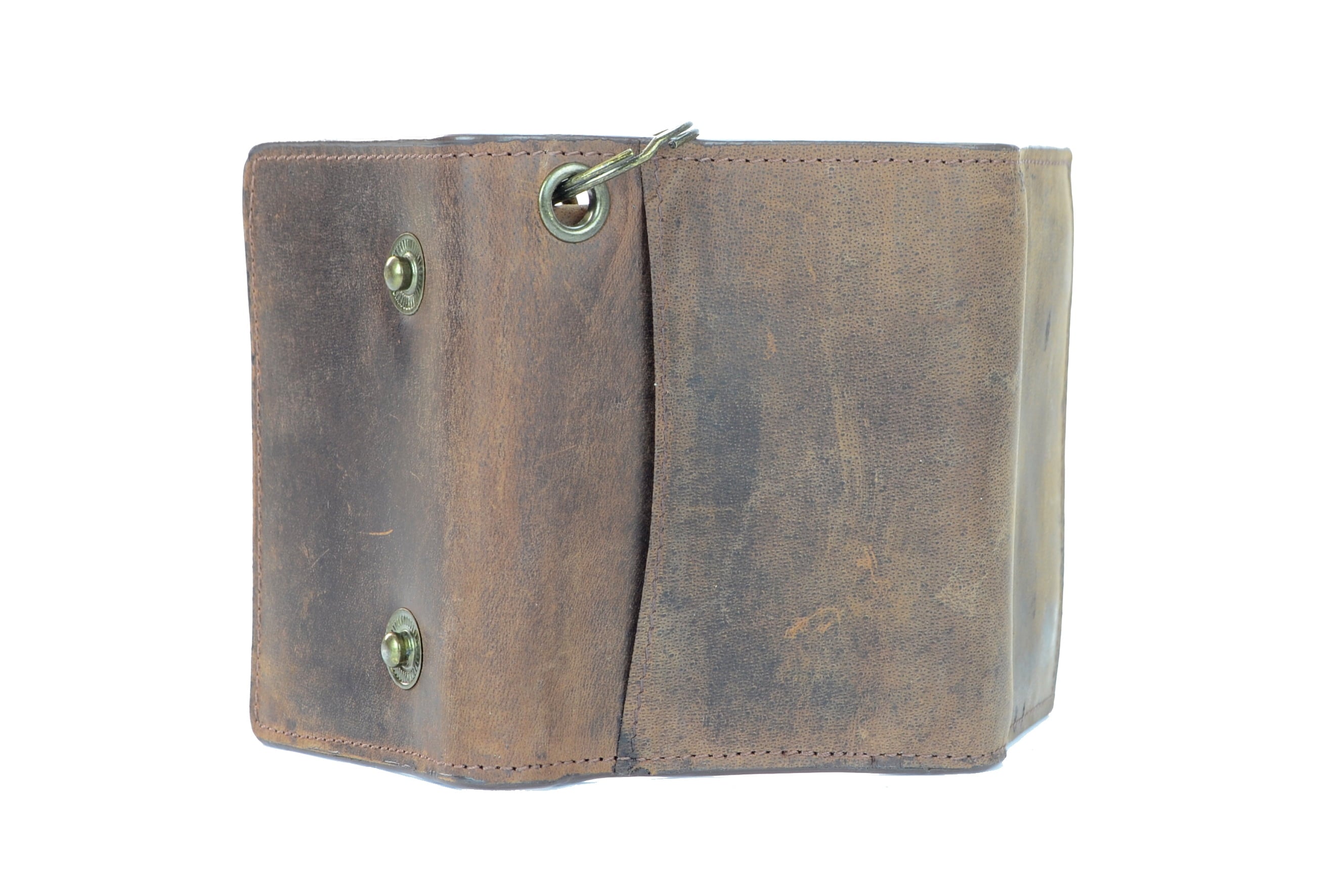 Men's RFID Signal Blocking Tri-Fold Motorcycle Wallet in Brown Distressed Genuine Leather with Antique Brass Color Chain - Image 3