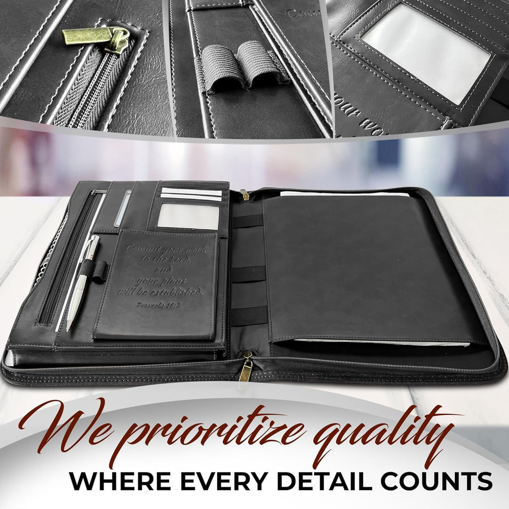 Premium Leather Padfolio Portfolio for Men Women - Black Business Binder with Zipper & Pen Slots - Image 3