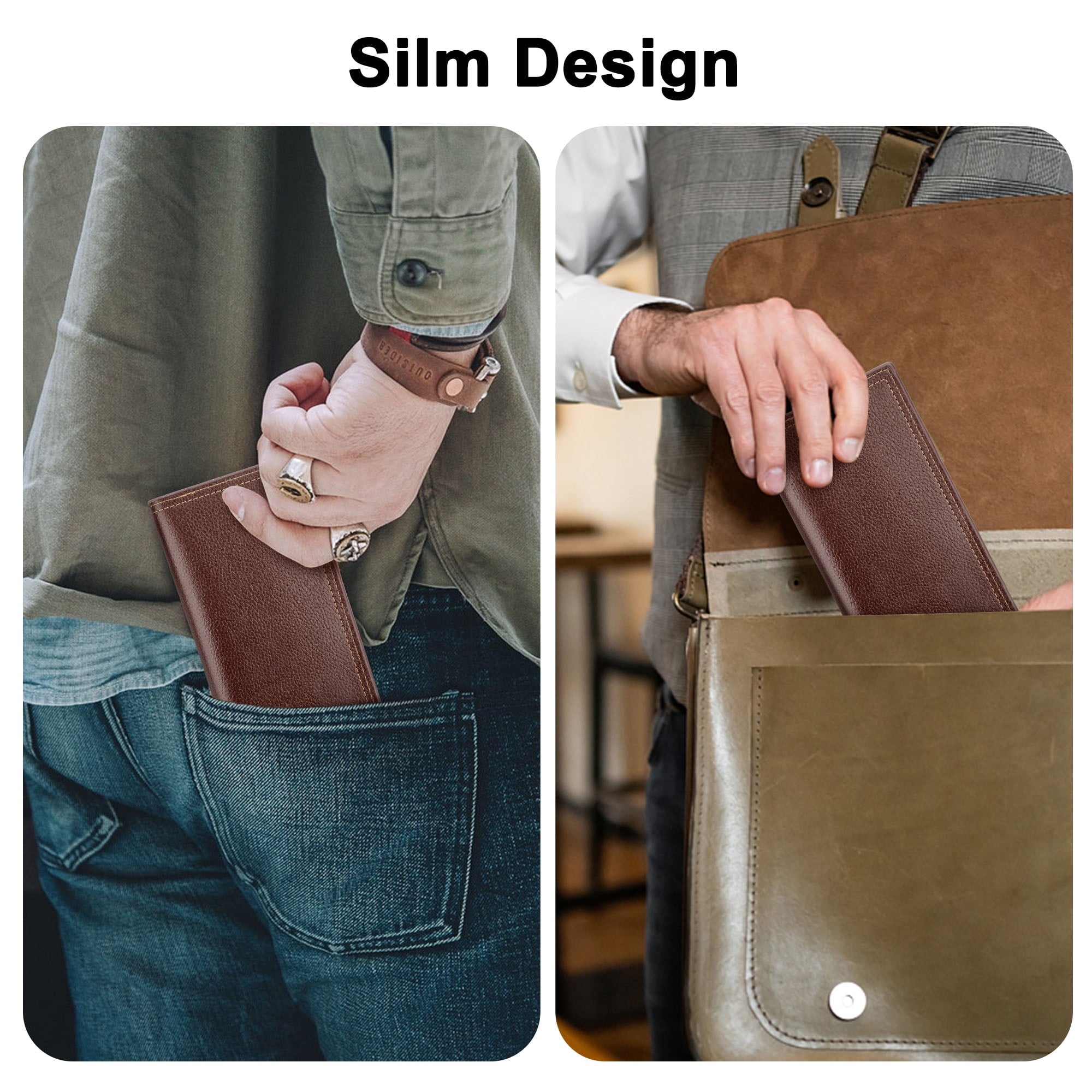 Long Bifold Wallet for Men, Slim PU Leather Purse, RFID Blocking Credit Card Holder, Brown - Image 5