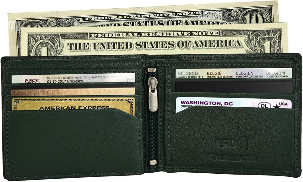 Genuine Leather RFID Blocking Wallet for Men | Slim Bifold Design with Zipper Coin Pocket, ID Window & Multiple Card ... - Image 3