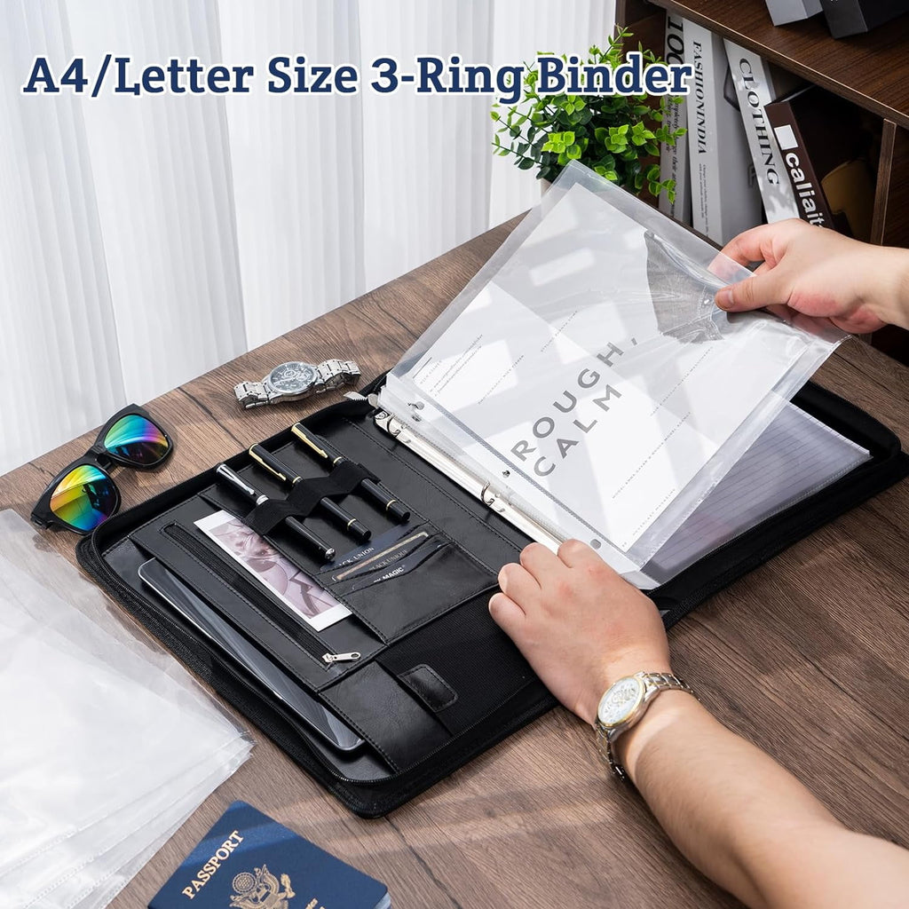 Portfolio 3-Ring Padfolio Folder Organizer, PU Leather Business Planner A4 Notepad Zipper File Binder Clipboard Remov... - Image 4
