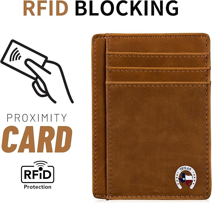 Texas Horseshoe on Cardholder Slim Front Pocket Wallet, PU Leather, Khaki, Card Holder, RFID Blocking with Texas Souv... - Image 4