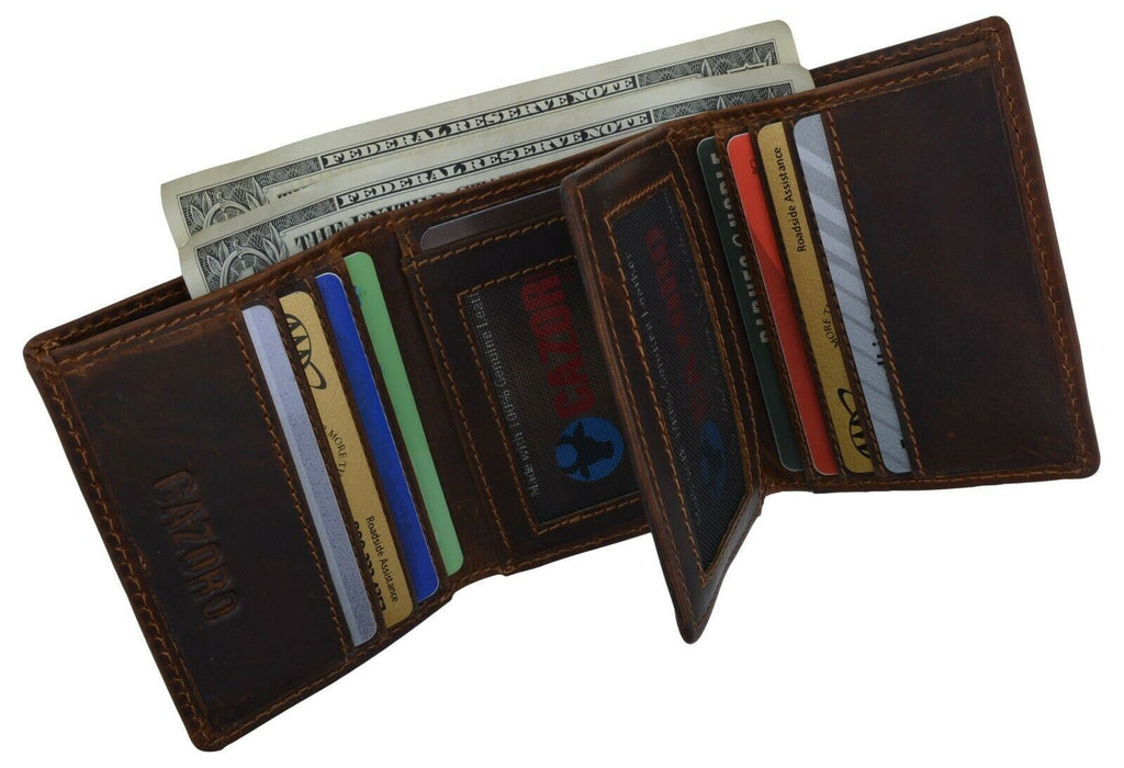 RFID Blocking Brown Vintage Leather Men's Trifold Center Flap Wallet - Image 3