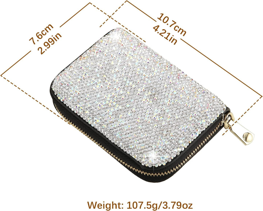 Rhinestone Credit Card Holder for Women RFID Blocking Wallet Slim Leather Zipper Card Case Wallet (Silver) - Image 2