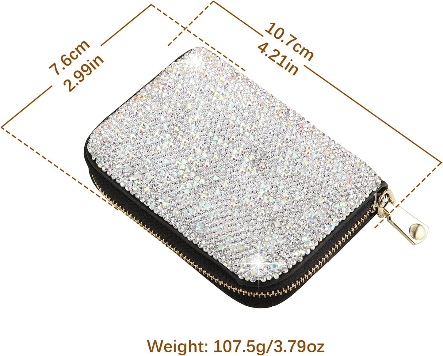 Rhinestone Credit Card Holder for Women RFID Blocking Wallet Slim Leather Zipper Card Case Wallet (Silver) - Image 2