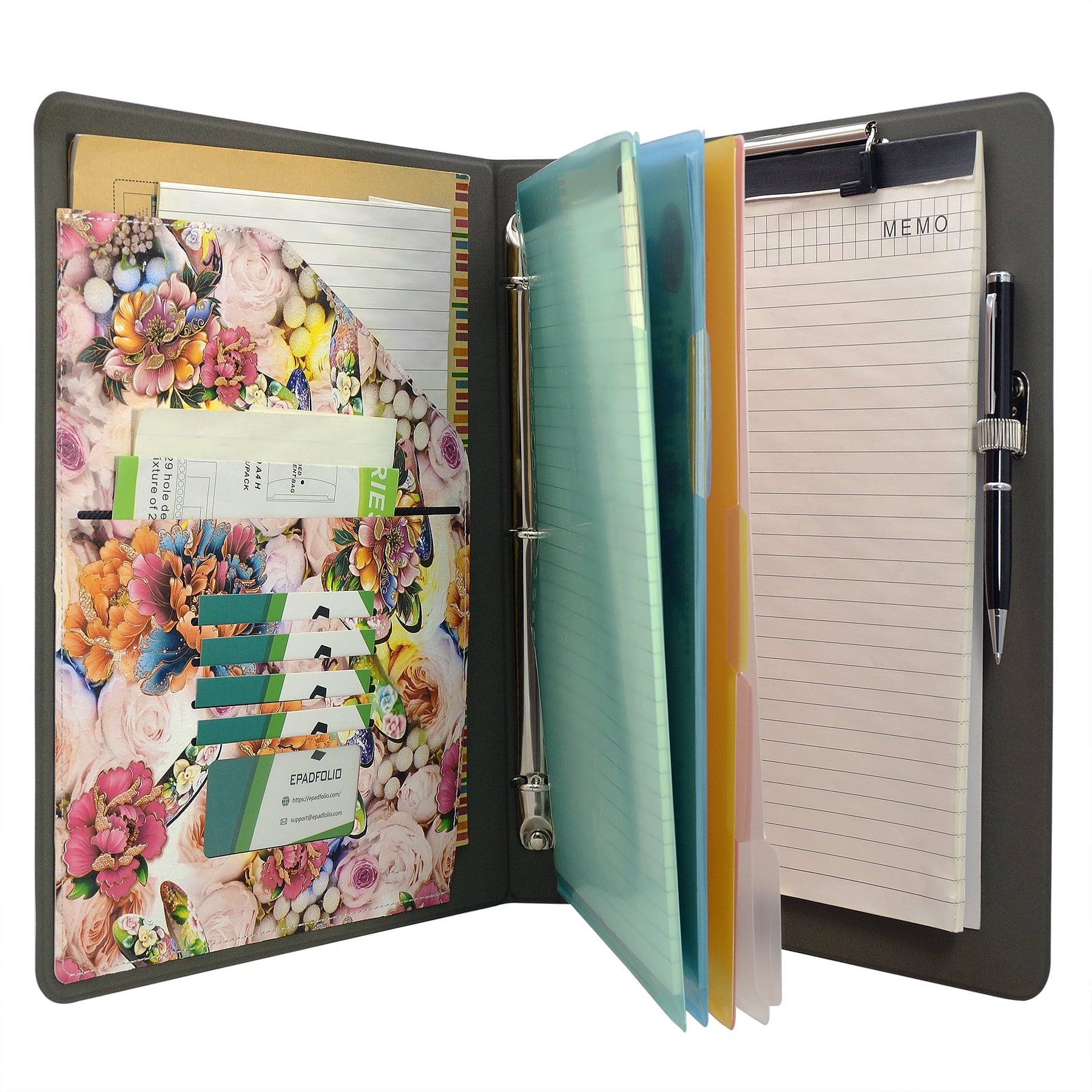 Flower Painting PU Leather Padfolio Ring Binder with Color File Folders, Organizer Portfolio File Folder with 3-Ring Binder and Clipboard - Image 2