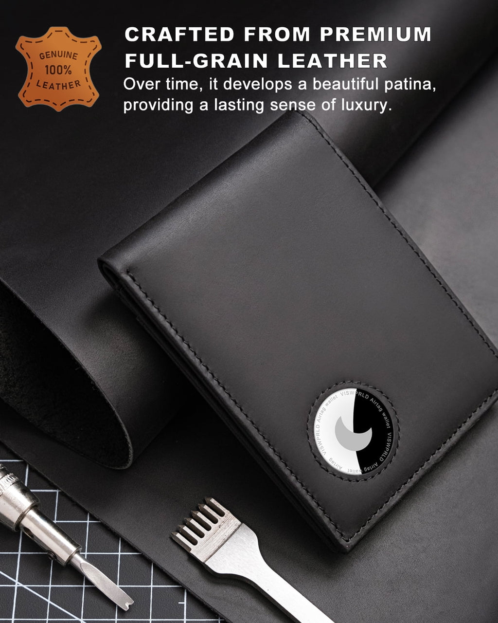 Men’s Bifold Full-Grain Leather Wallet with AirTag Holder, RFID Blocking, 9 Card Slots, ID Window (Black) - Image 4