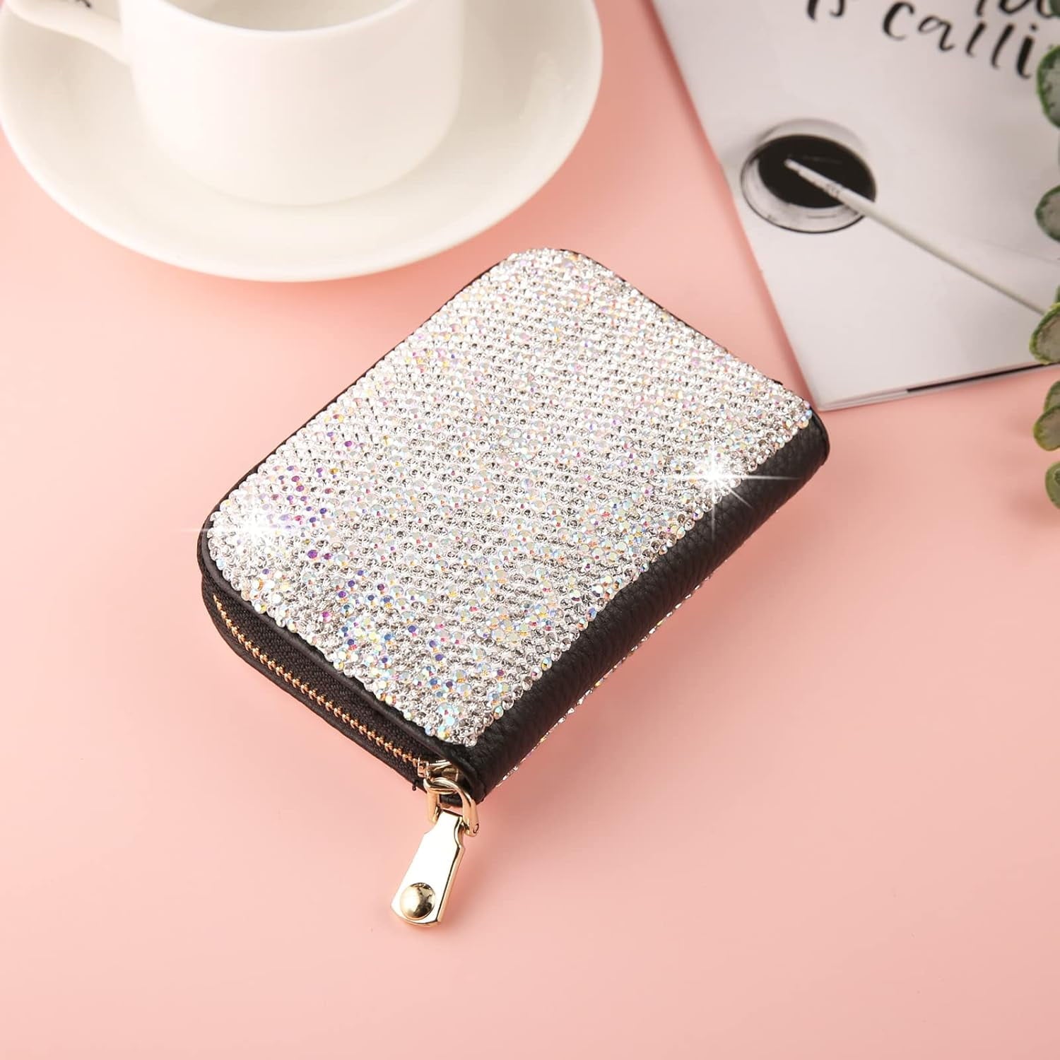 Rhinestone Credit Card Holder for Women RFID Blocking Wallet Slim Leather Zipper Card Case Wallet (Silver) - Image 3