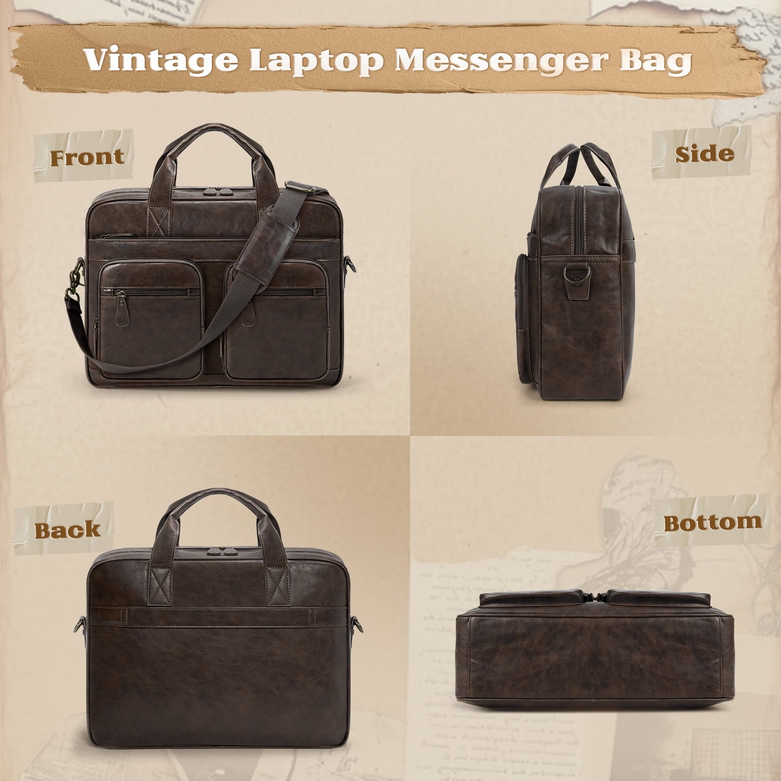 15.6 Inch Messenger Bag for Men Vintage PU Leather Laptop Bag Waterproof Computer Briefcases for Men Retro Mens Brief... - Image 4