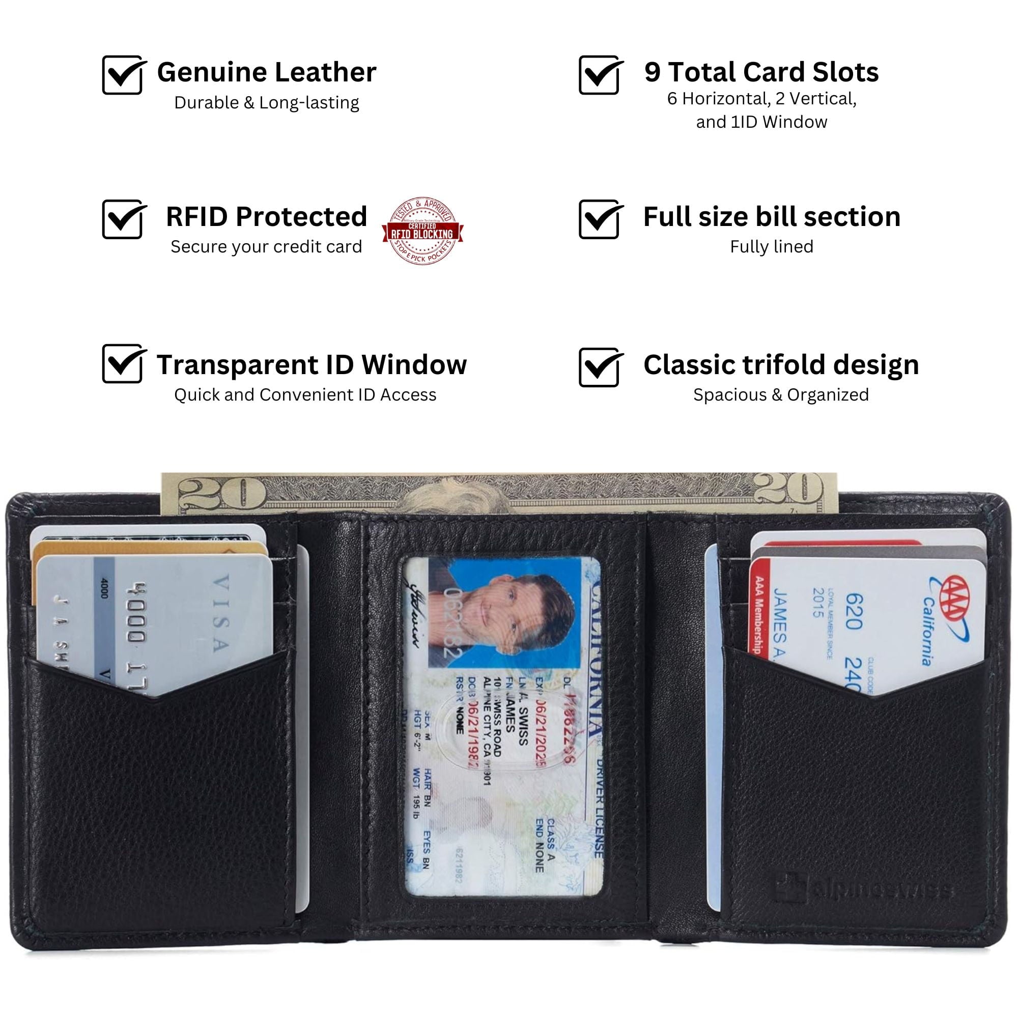 Men's Leon RFID Trifold Pocket Wallet – Genuine Leather Wallet for Men, Slim Design with ID Window & Multiple Card Sl... - Image 3