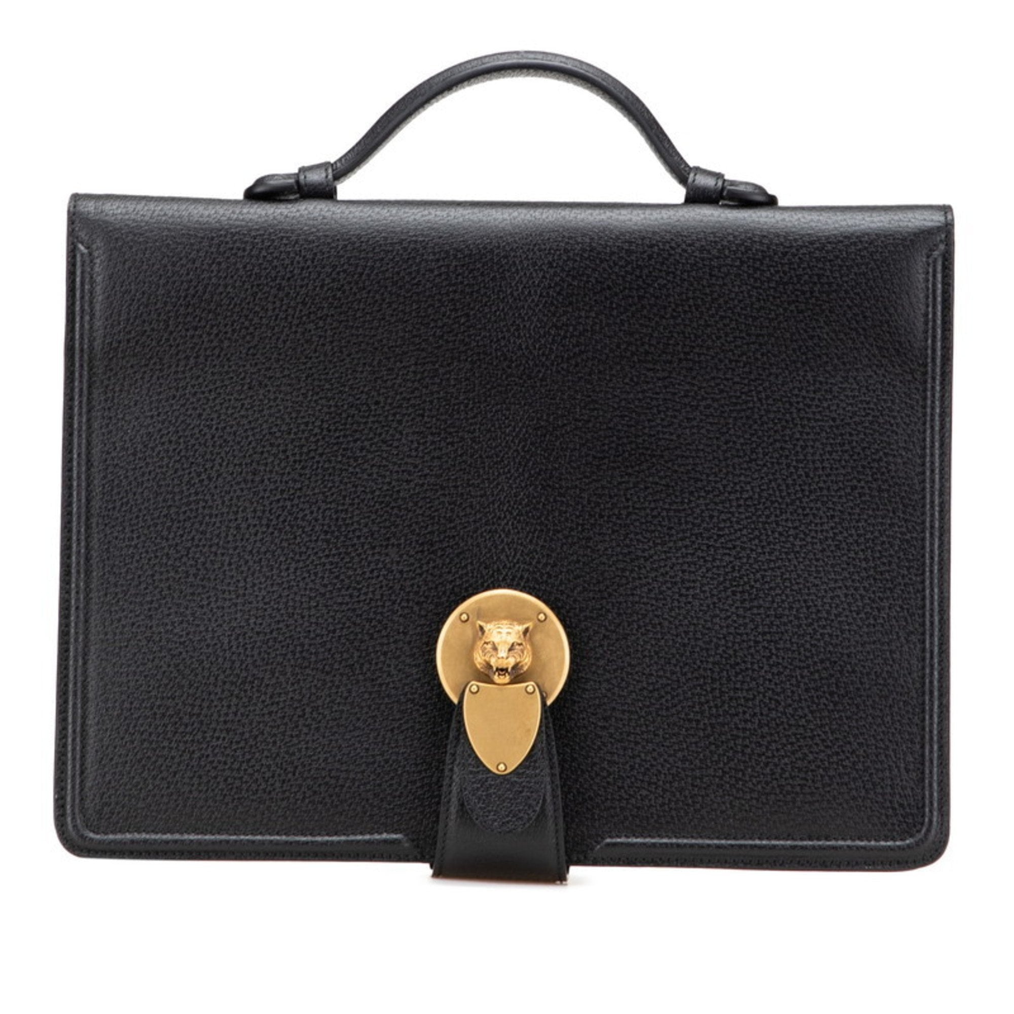 Pre-Owned Cat Head Briefcase Clutch Bag 495655 Black Leather Men's (Good)
