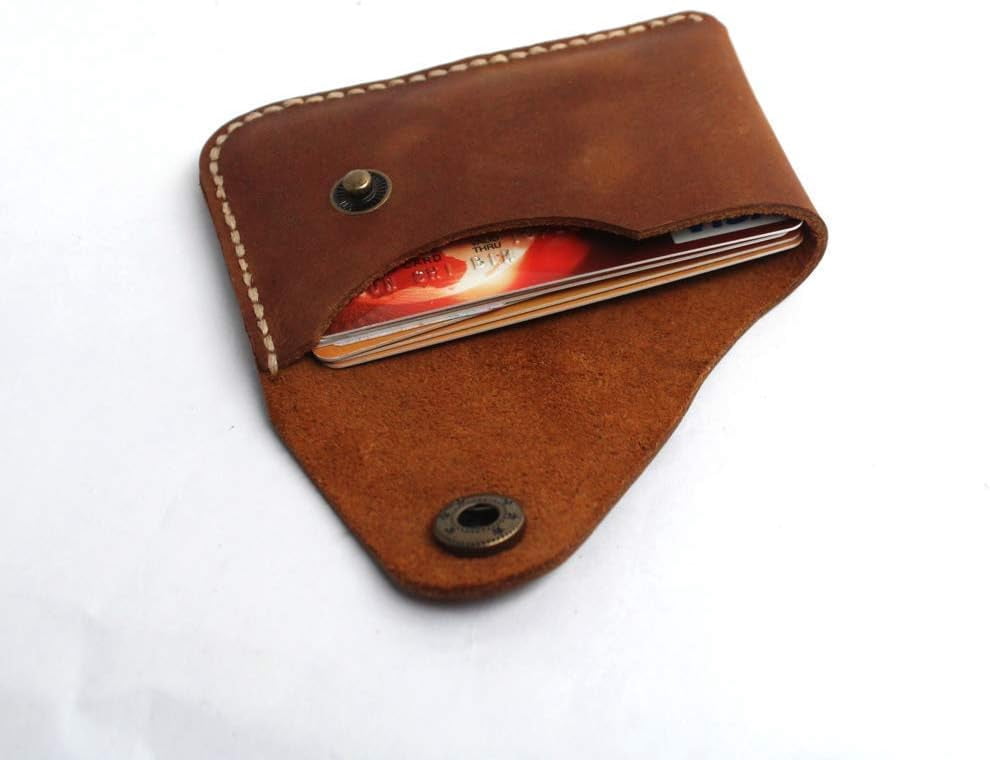 Handmade Genuine Leather Card Holder with Snap Closure - Ultra Slim Minimalist Wallet, Hand-Stitched Compact Front Po... - Image 5
