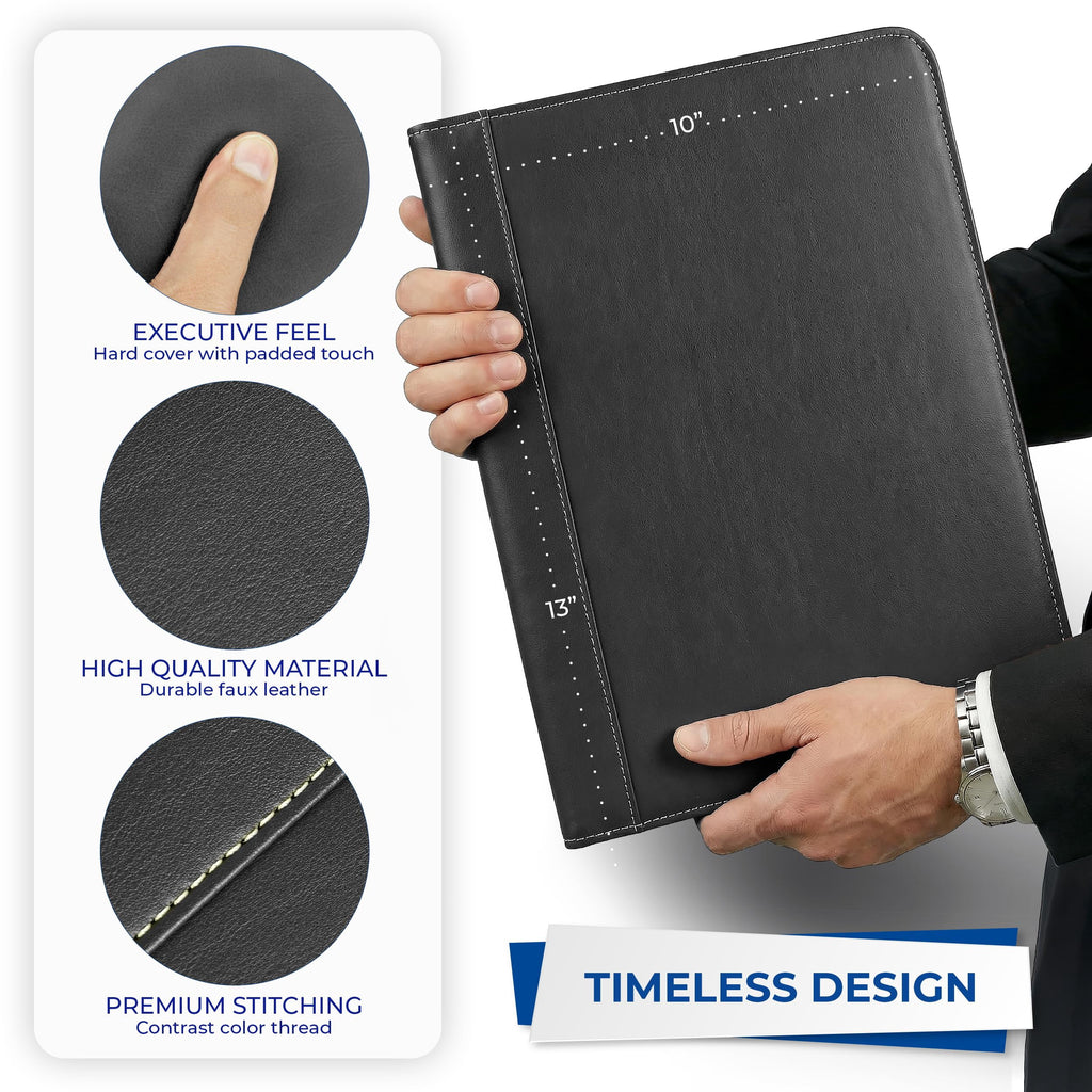 Contrast Stitch Faux-leather Padfolio  Business Portfolio For Men And Women Resume Document Organizer With 8.5 X 11 Inch Writing Pad Black - Image 5