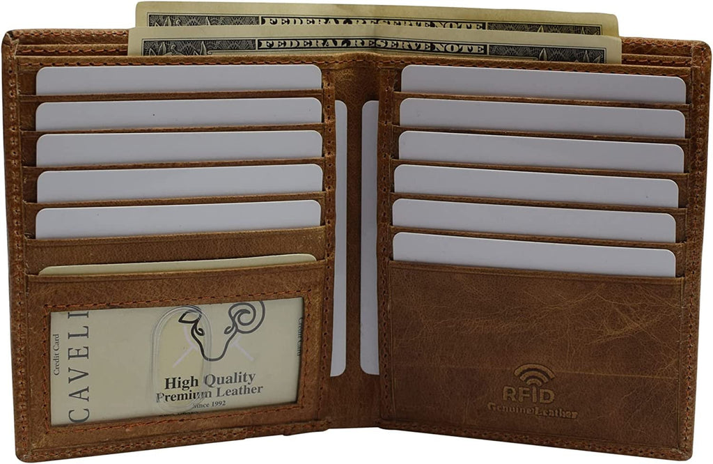 Genuine Leather Slim Bifold Hipster Men Wallets RFID Blocking Series TAN - Image 2