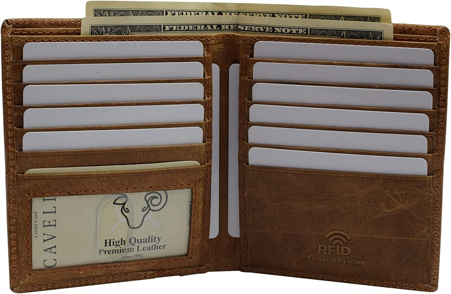 Genuine Leather Slim Bifold Hipster Men Wallets RFID Blocking Series TAN - Image 2