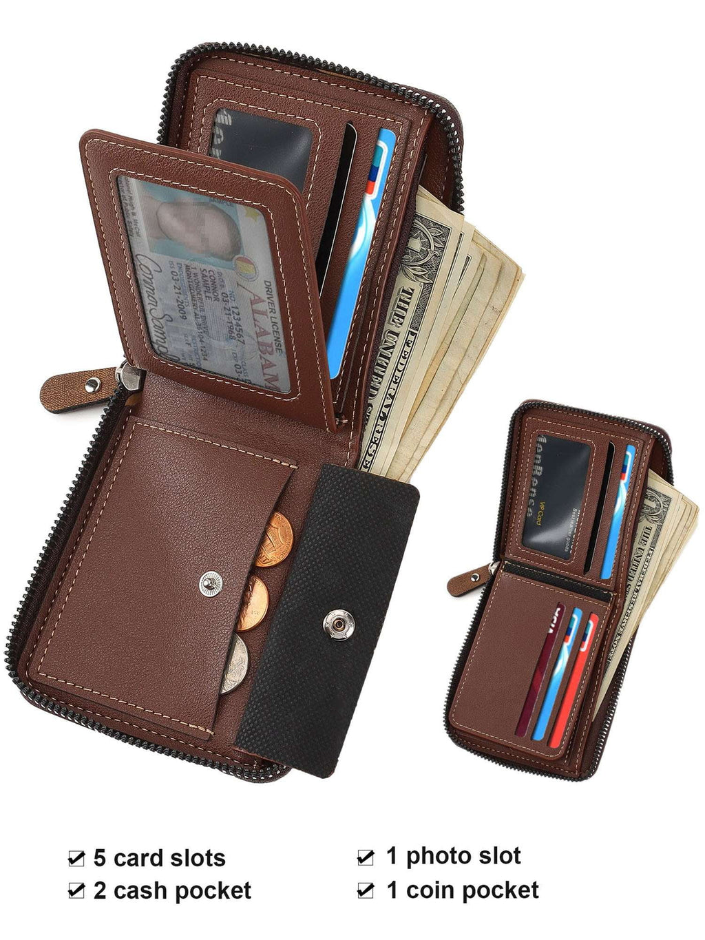 Leather Wallet for Men Large Capacity Bifold Wallet with ID Window 6 Card Holders Zip Coin Pocket (Black) - Image 5