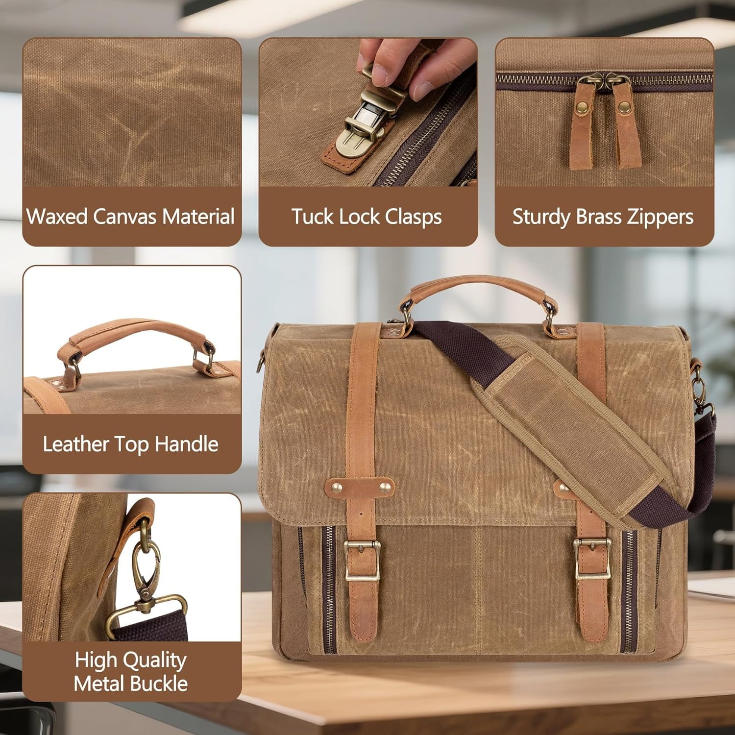 Mens Messenger Bag with Accordion File , Vintage Leather Waxed Canvas Briefcase Fits 17 inch Laptop, Waterproof body ... - Image 4