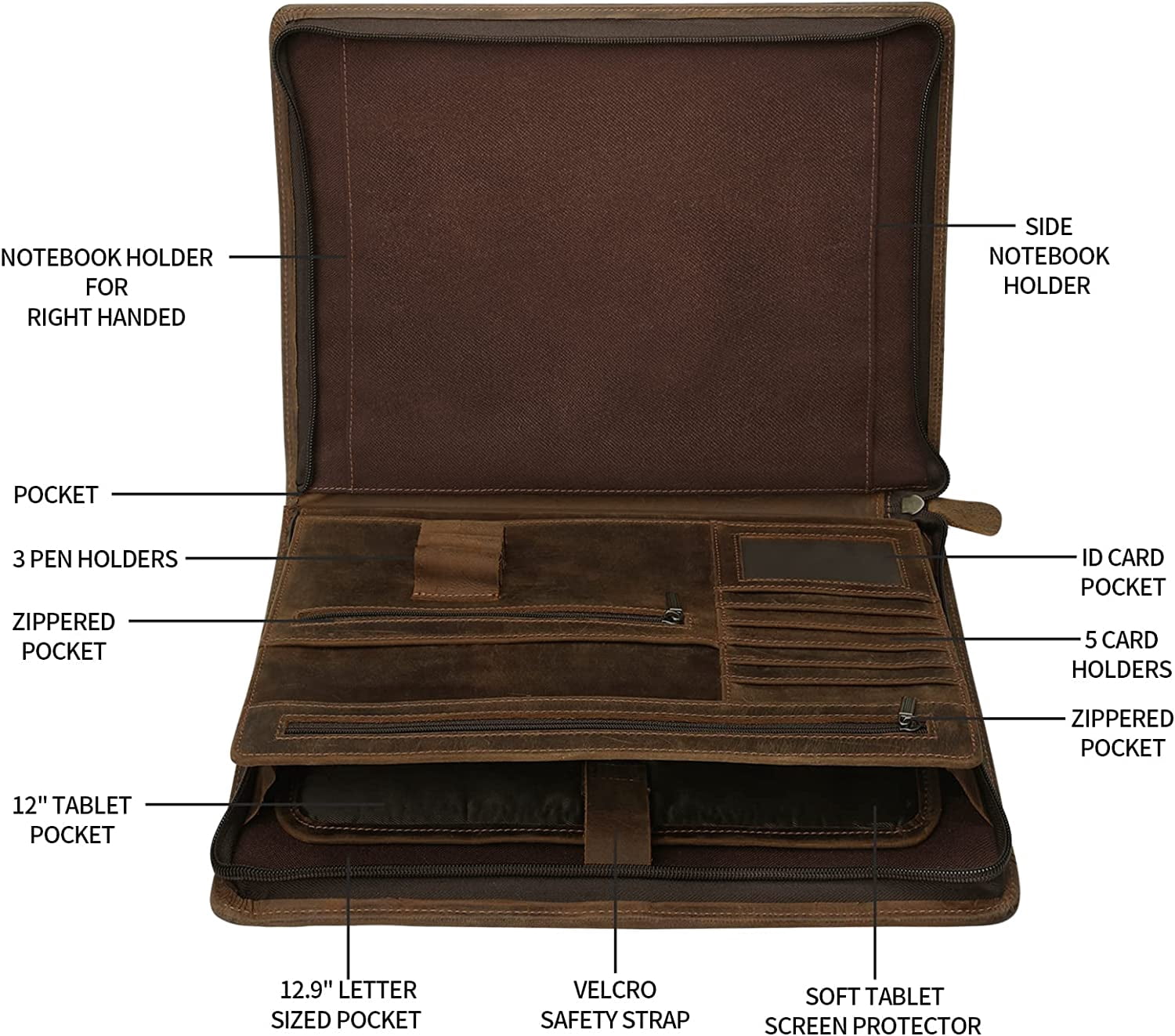 Full Grain Leather Portfolio Organizer with Zipper for Men Women, A4 Padfolio Business Resume Legal Notebook Binder  for  Documents Pens Car - Image 4