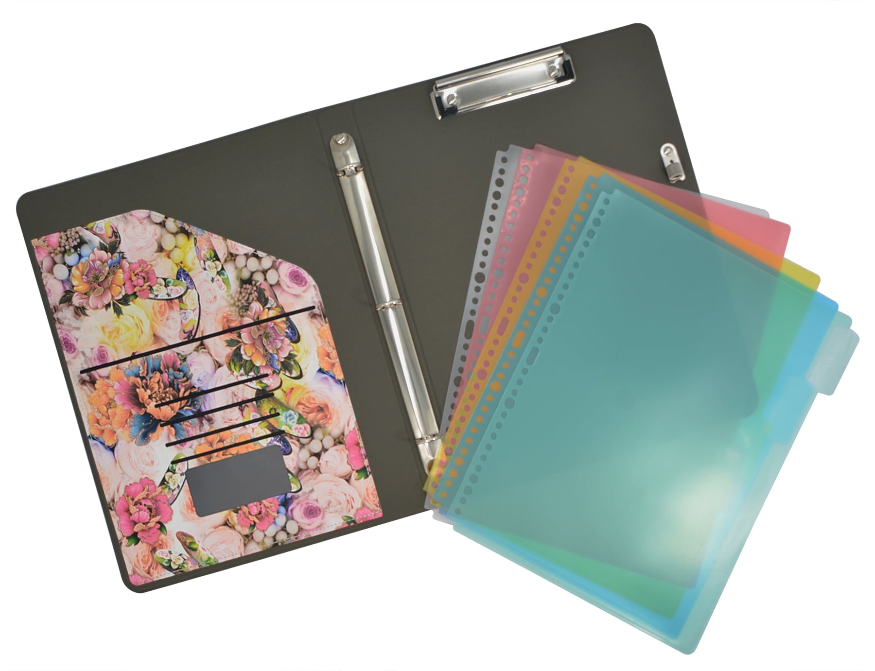 Flower Painting PU Leather Padfolio Ring Binder with Color File Folders, Organizer Portfolio File Folder with 3-Ring Binder and Clipboard - Image 3