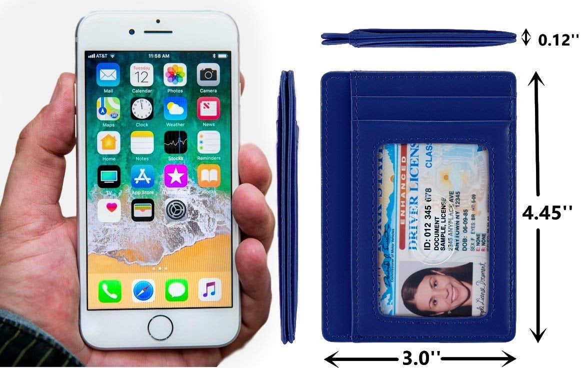 Credit Card Holder with ID Window RFID Protected Genuine Leather Slim Wallet (Blue) - Image 4