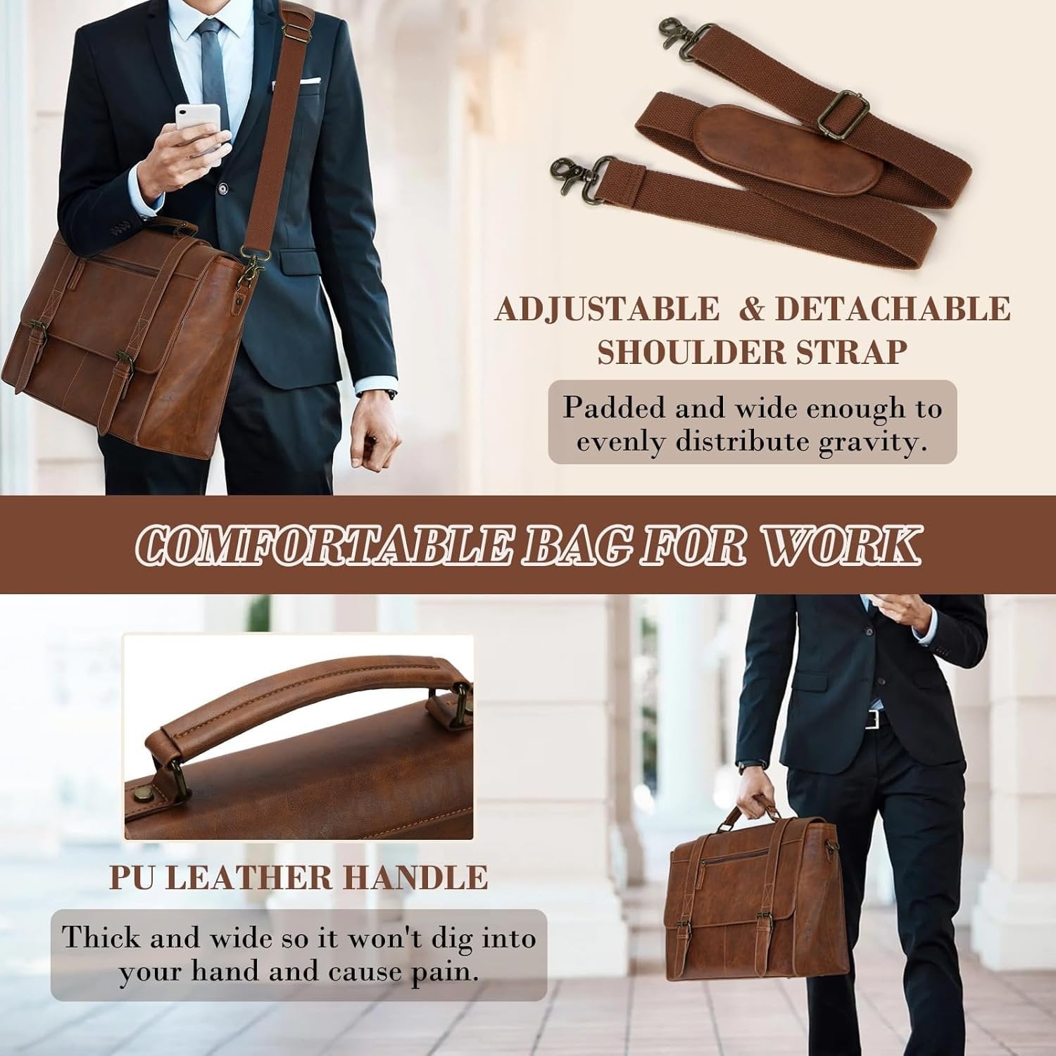 Messenger Bag for Men 15.6 inch Leather Laptop Bag   Satchel Computer Briefcase for Office Work - Image 4