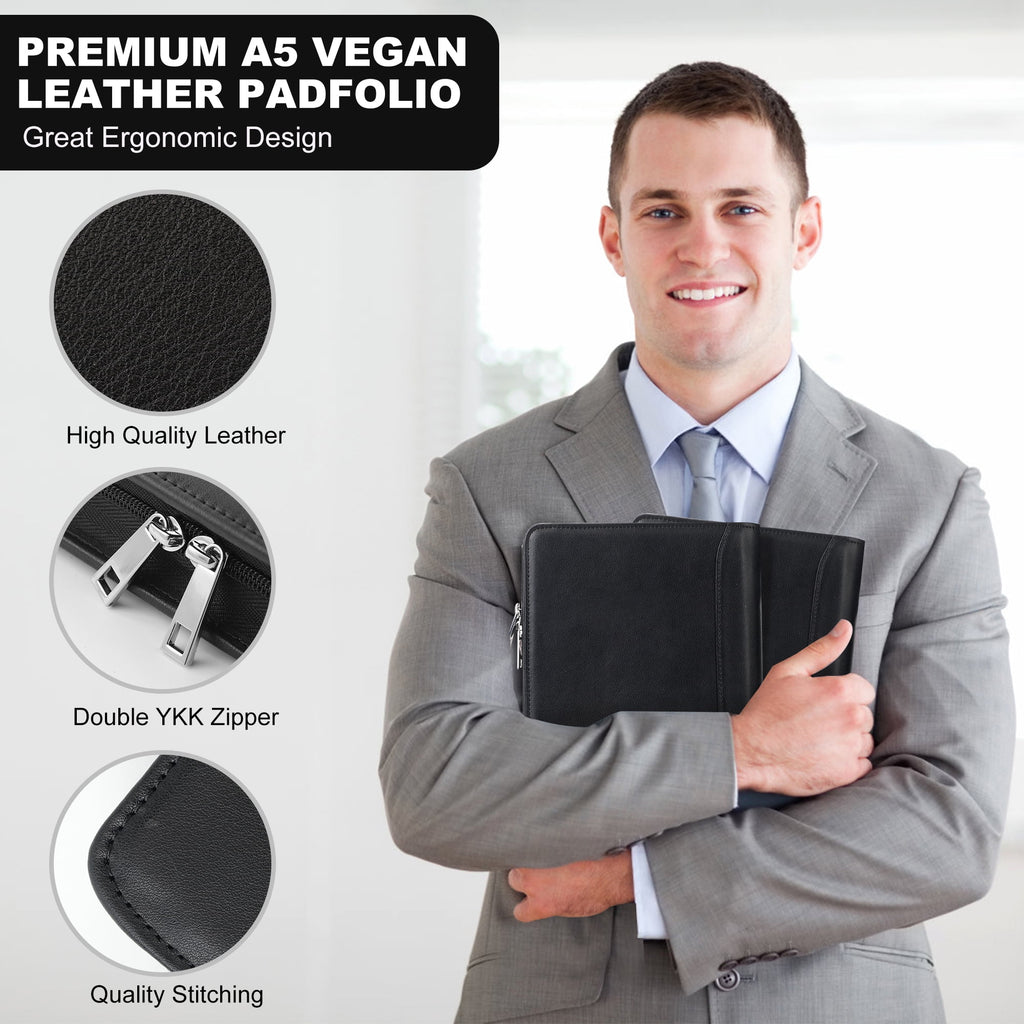 Zippered Leather Binder Padfolio , A5 Binder 6 Ring Vegan Leather Portfolio Folder, Professional Document with A5 Cli... - Image 5