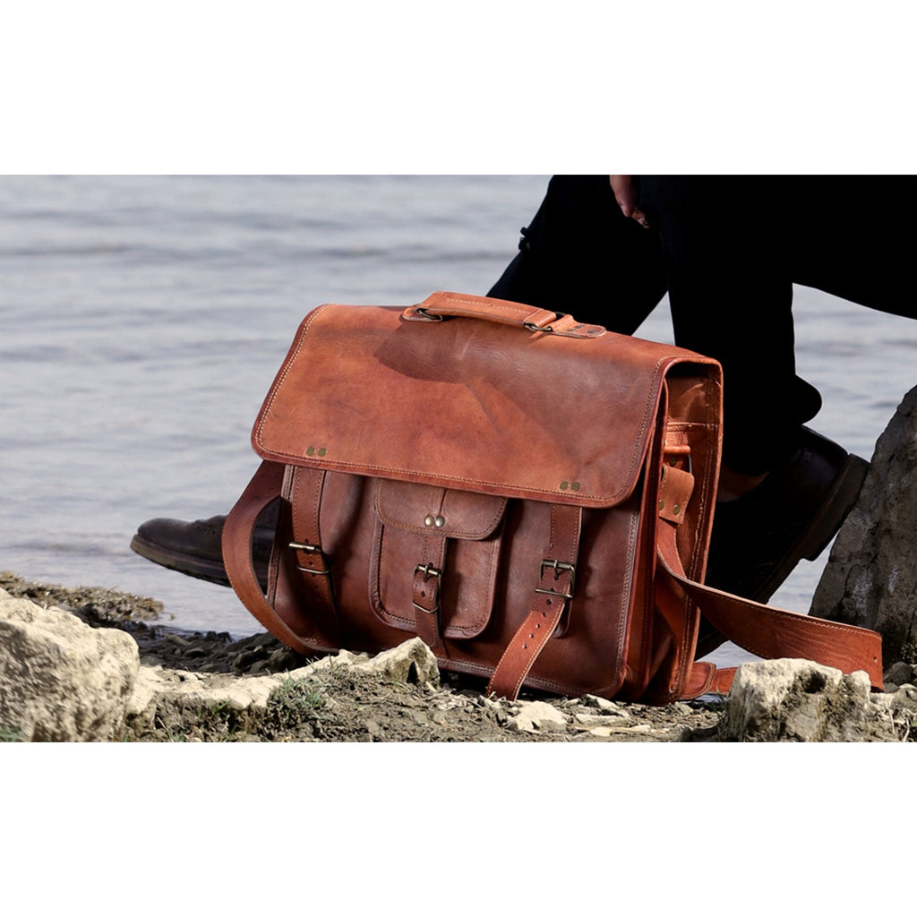 18-Inch Full Grain Leather Laptop Messenger Bag Office Briefcase Satchel for Men and Women with Adjustable Strap and ... - Image 3