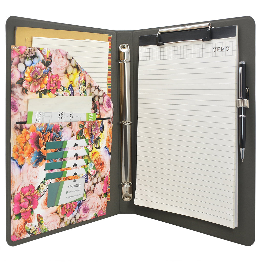 Flower Painting PU Leather Padfolio Ring Binder with Color File Folders, Organizer Portfolio File Folder with 3-Ring Binder and Clipboard - Image 4