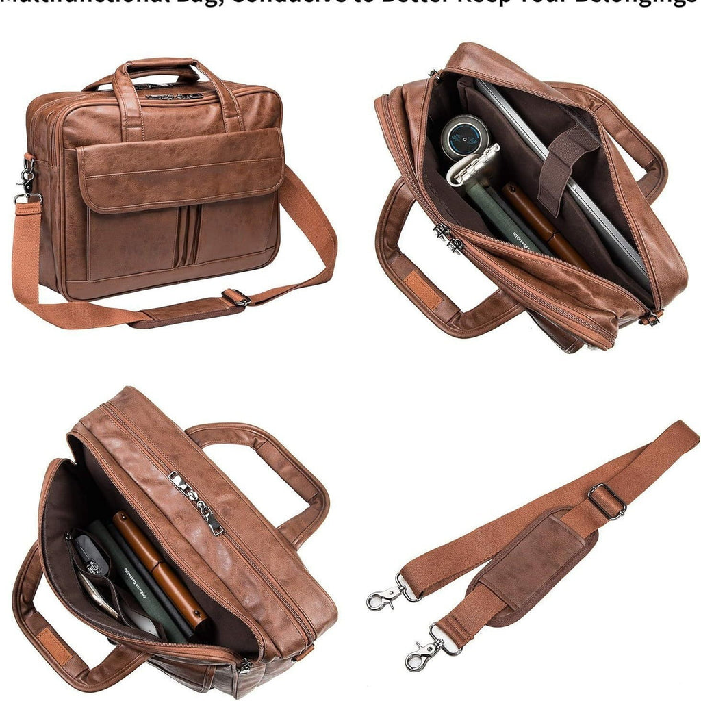Men's leather mailman bag 17.3-inch laptop briefcase business shoulder bag computer tote bag - Image 4